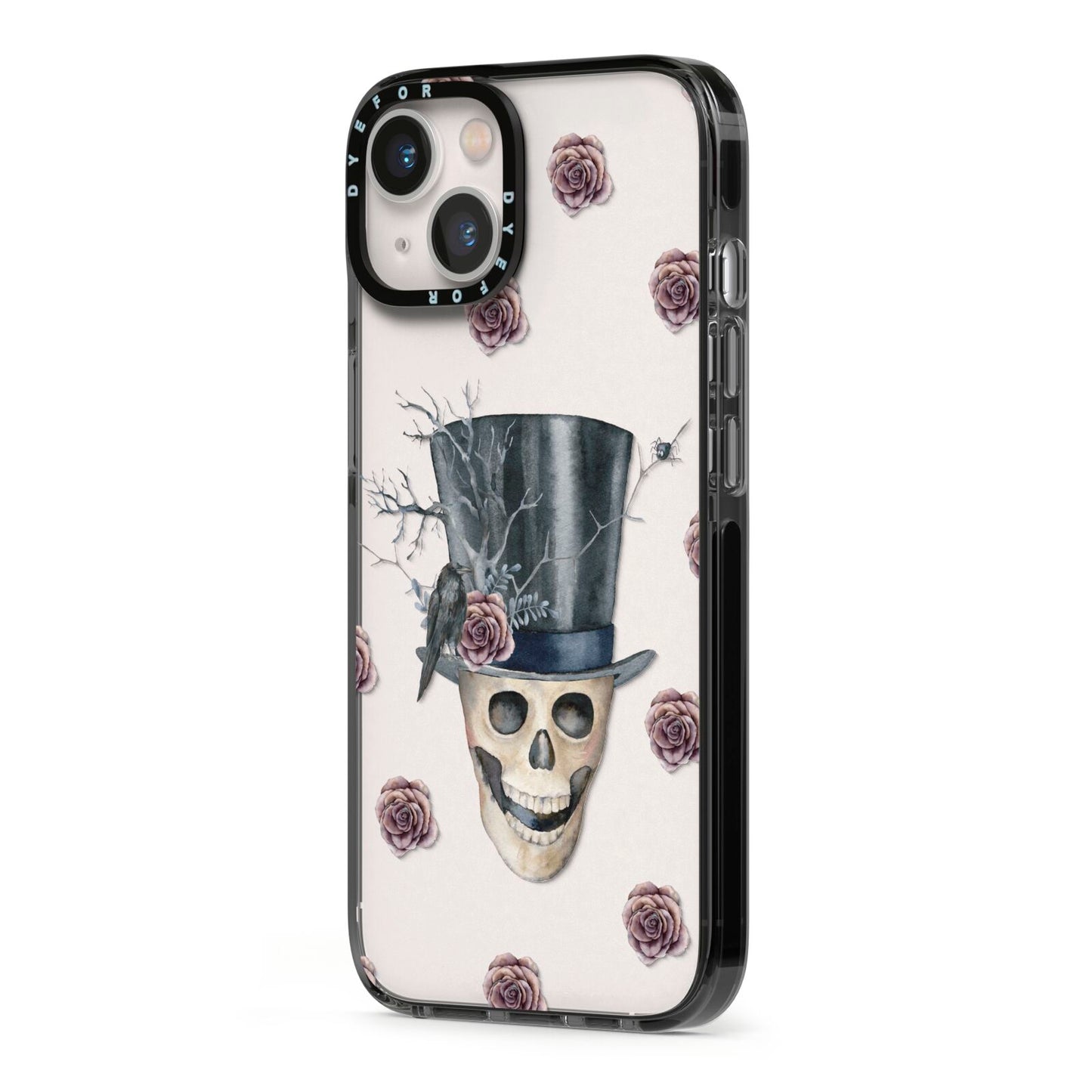Top Hat Skull iPhone 13 Black Impact Case Side Angle on Silver phone