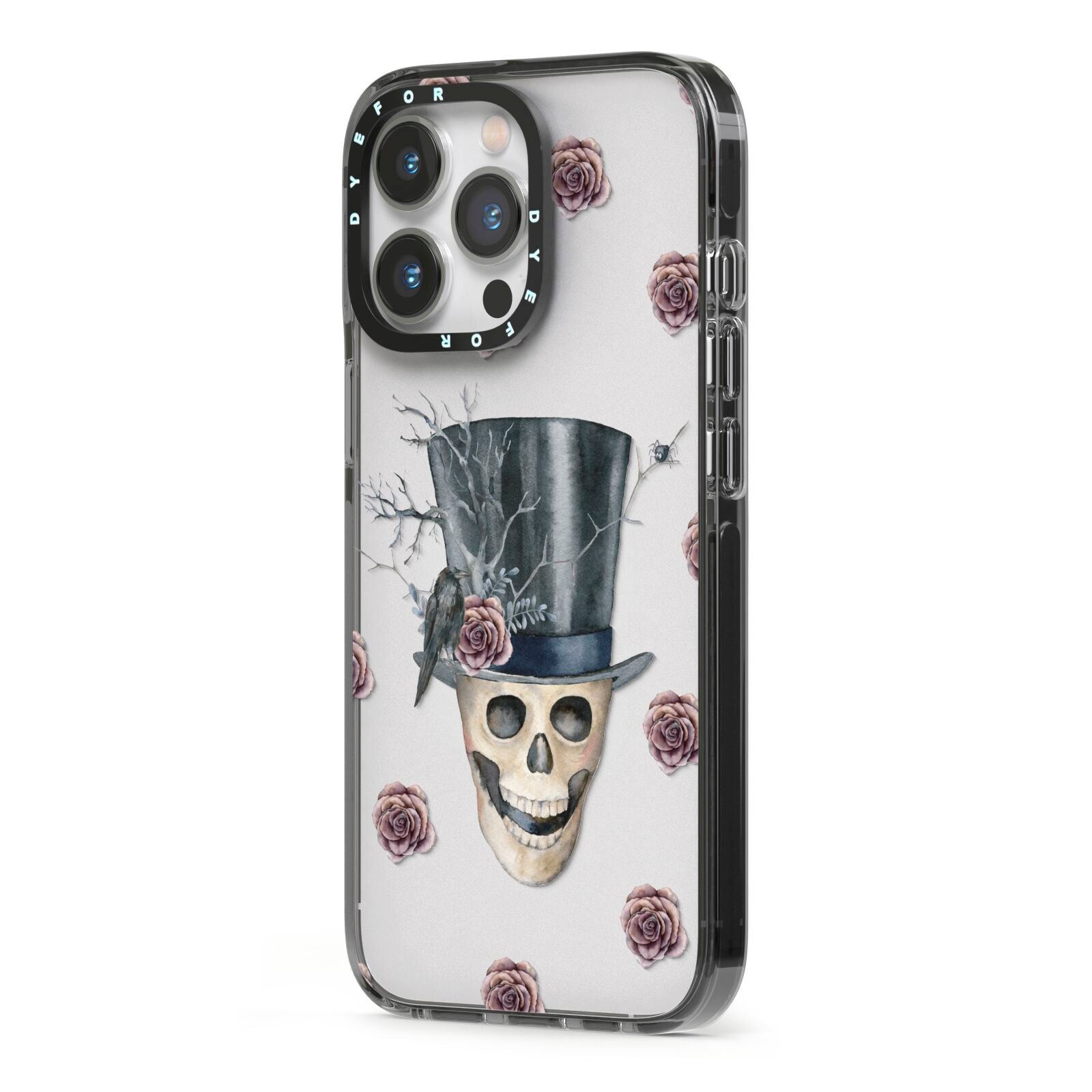 Top Hat Skull iPhone 13 Pro Black Impact Case Side Angle on Silver phone