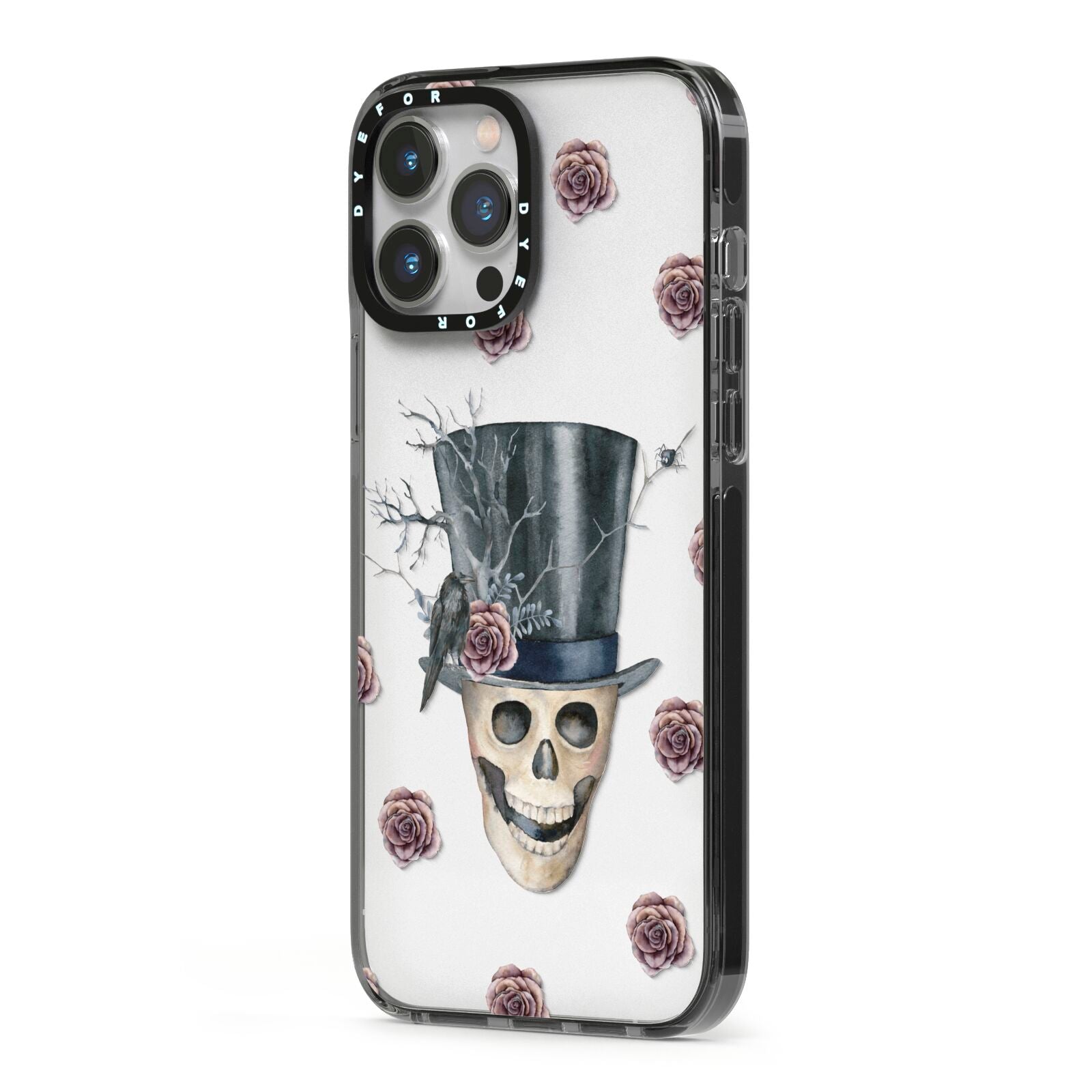 Top Hat Skull iPhone 13 Pro Max Black Impact Case Side Angle on Silver phone