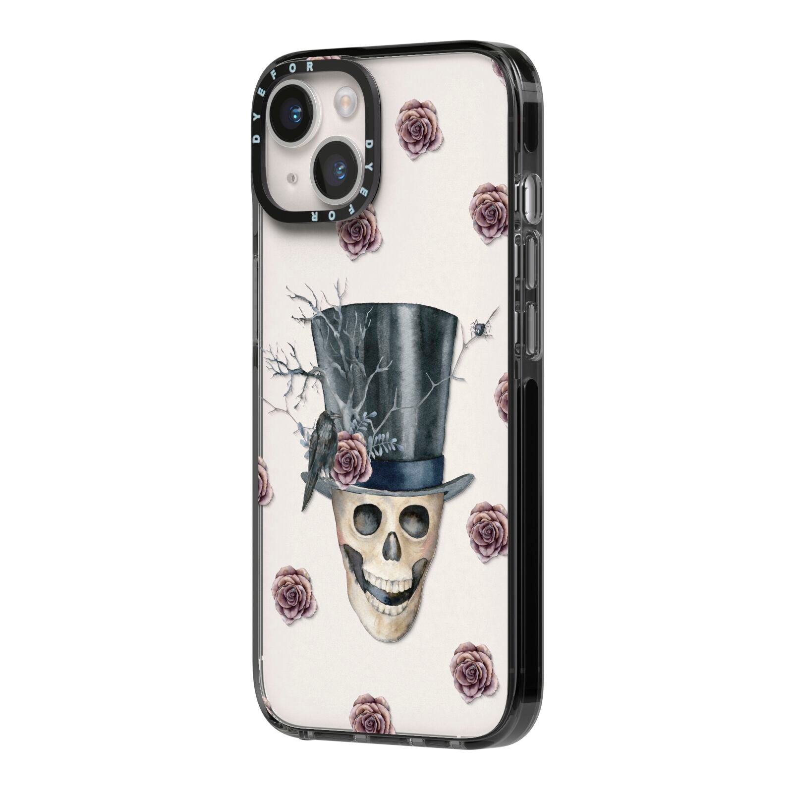 Top Hat Skull iPhone 14 Black Impact Case Side Angle on Silver phone