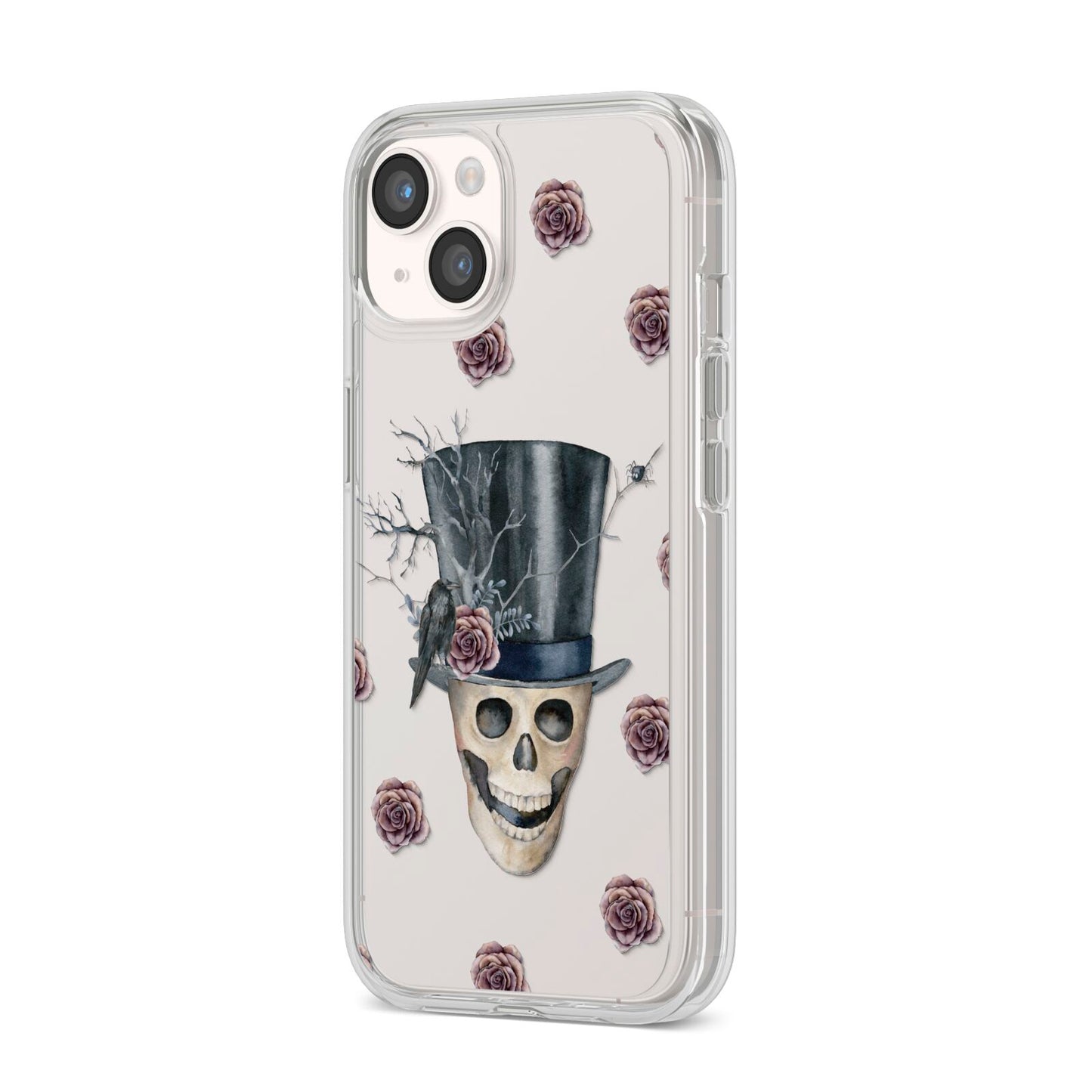 Top Hat Skull iPhone 14 Clear Tough Case Starlight Angled Image