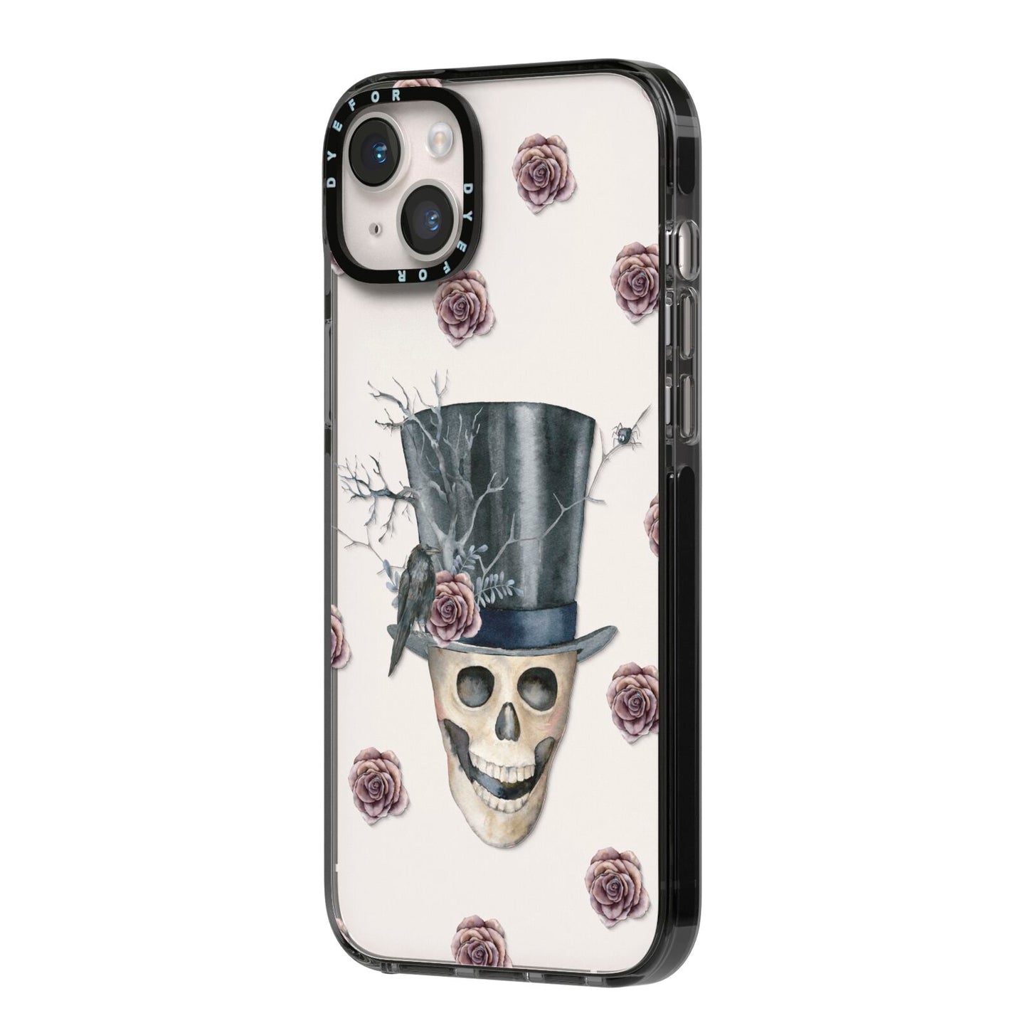 Top Hat Skull iPhone 14 Plus Black Impact Case Side Angle on Silver phone