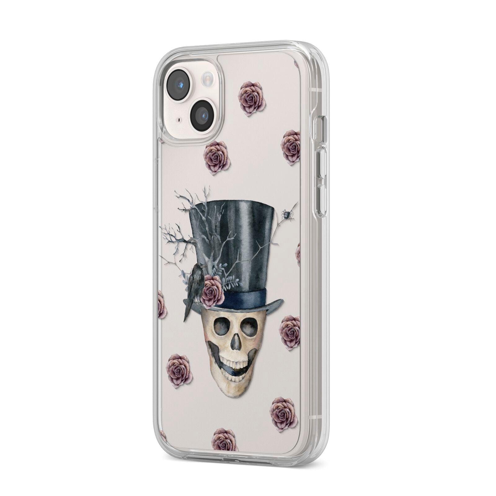 Top Hat Skull iPhone 14 Plus Clear Tough Case Starlight Angled Image