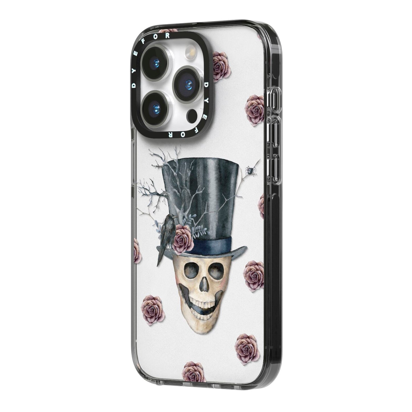 Top Hat Skull iPhone 14 Pro Black Impact Case Side Angle on Silver phone