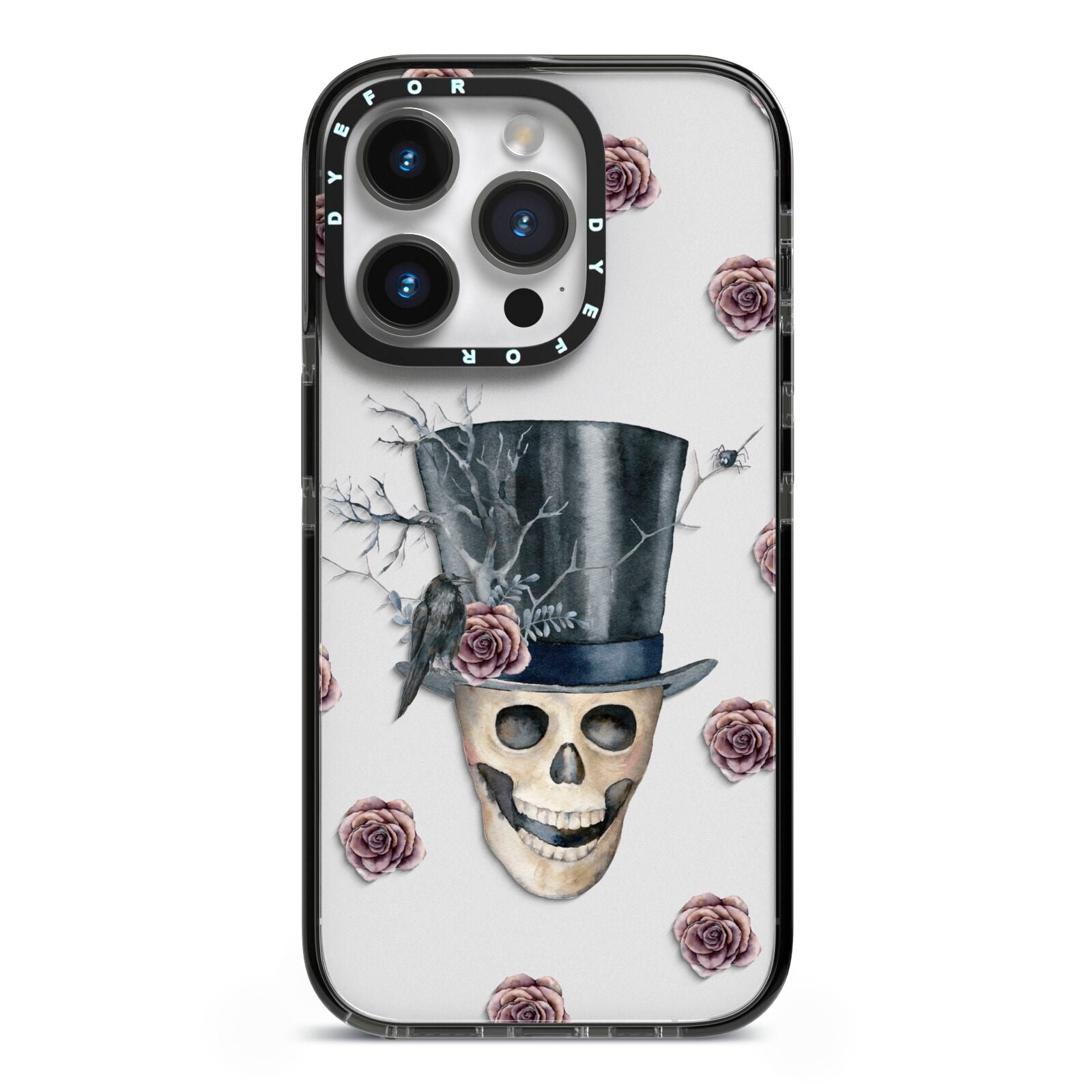Top Hat Skull iPhone 14 Pro Black Impact Case on Silver phone