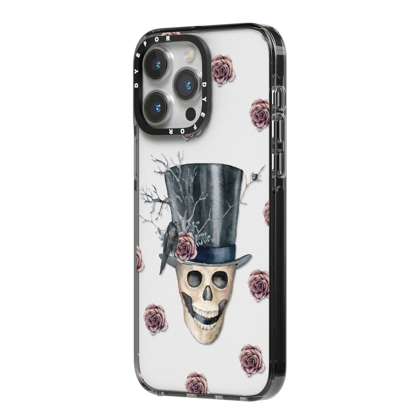 Top Hat Skull iPhone 14 Pro Max Black Impact Case Side Angle on Silver phone