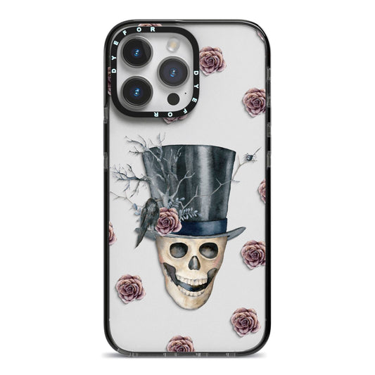 Top Hat Skull iPhone 14 Pro Max Black Impact Case on Silver phone
