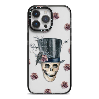 Top Hat Skull iPhone 14 Pro Max Black Impact Case on Silver phone