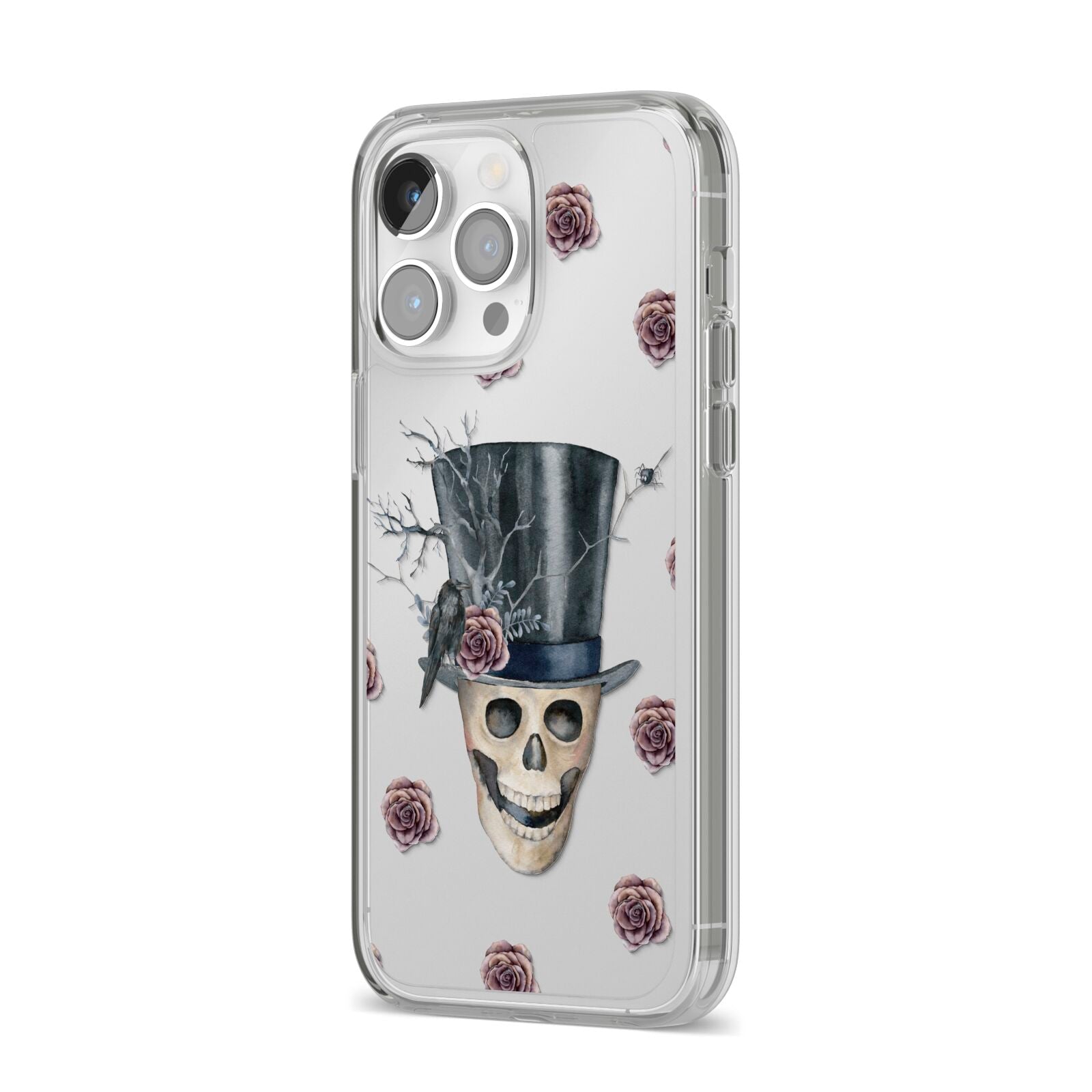Top Hat Skull iPhone 14 Pro Max Clear Tough Case Silver Angled Image