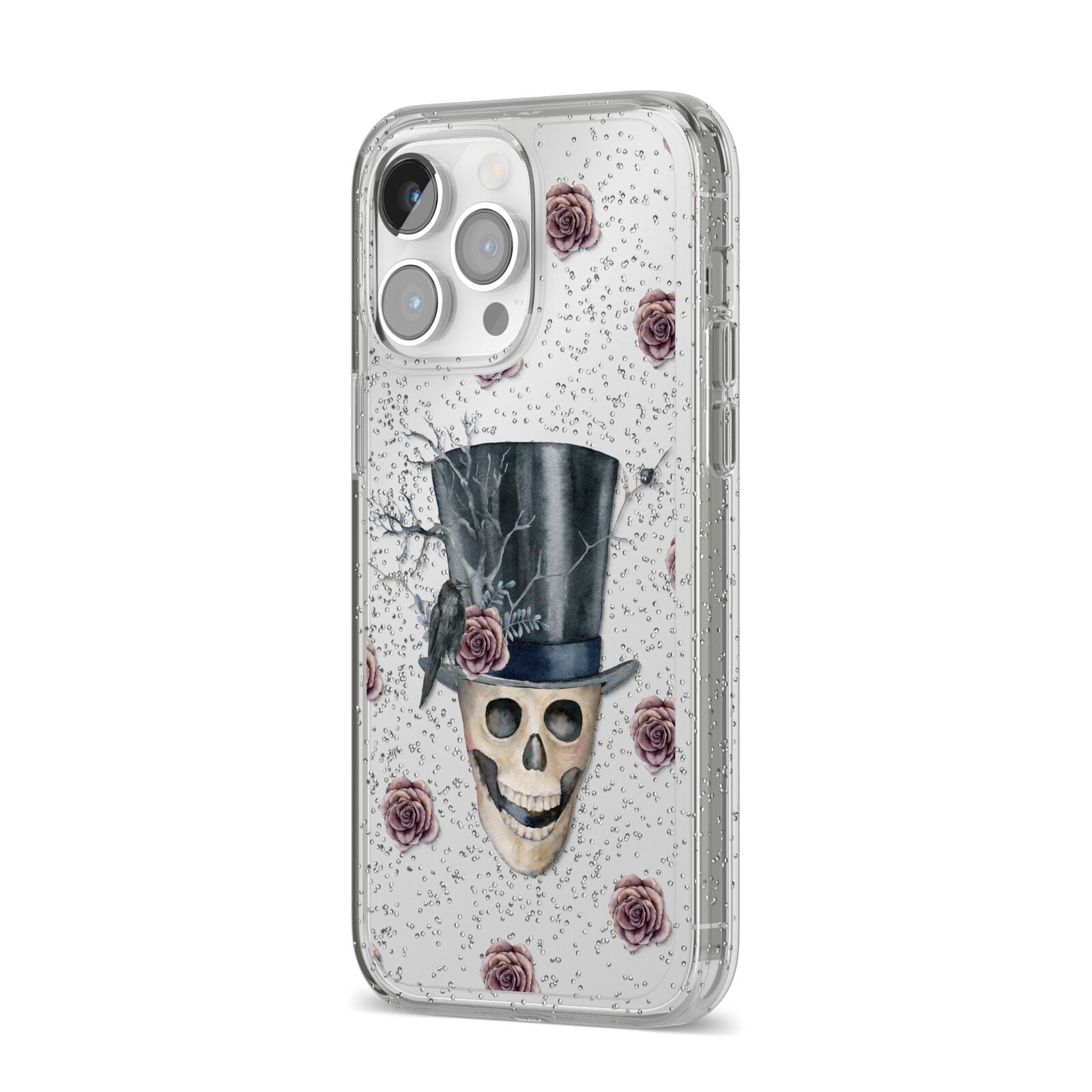 Top Hat Skull iPhone 14 Pro Max Glitter Tough Case Silver Angled Image