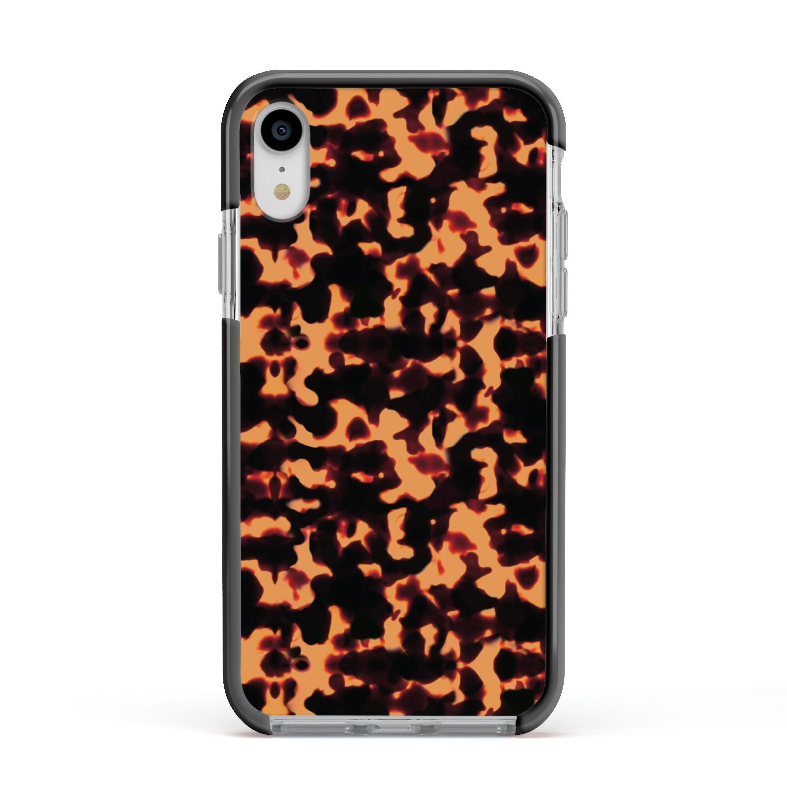 Tortoise Shell Pattern Apple iPhone XR Impact Case Black Edge on Silver Phone