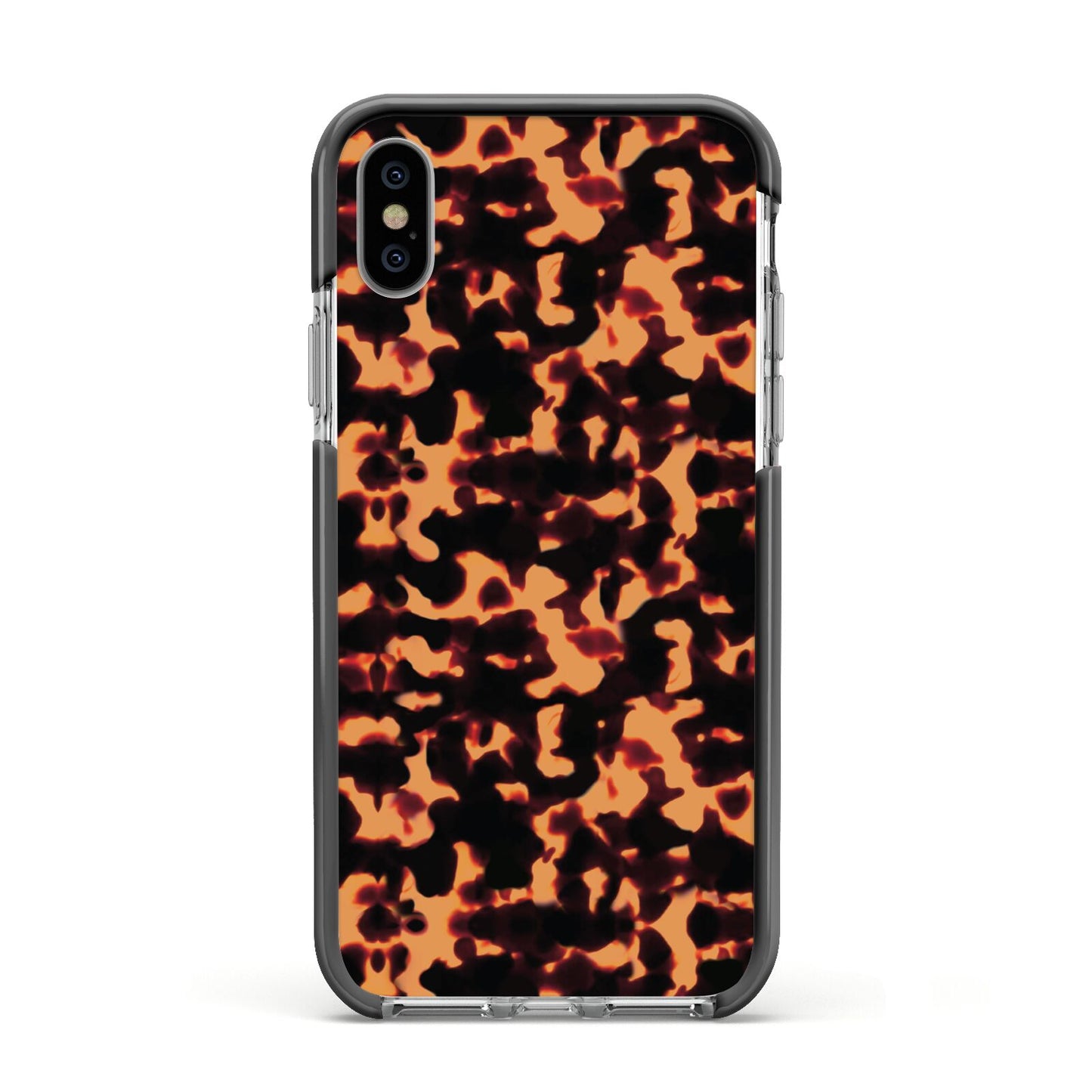 Tortoise Shell Pattern Apple iPhone Xs Impact Case Black Edge on Silver Phone