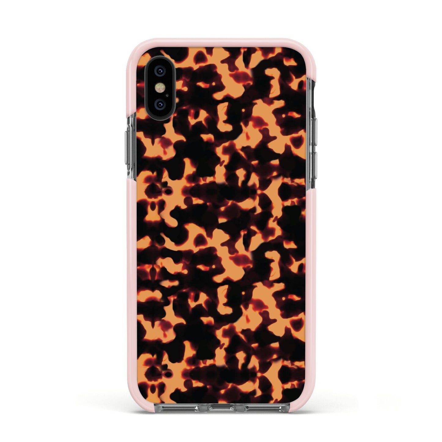 Tortoise Shell Pattern Apple iPhone Xs Impact Case Pink Edge on Black Phone