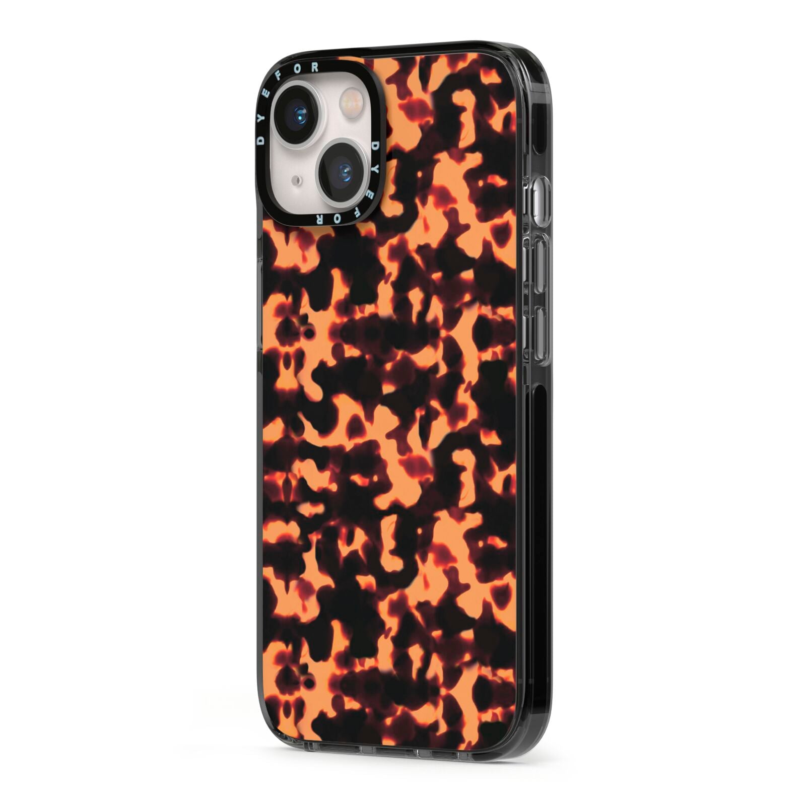 Tortoise Shell Pattern iPhone 13 Black Impact Case Side Angle on Silver phone