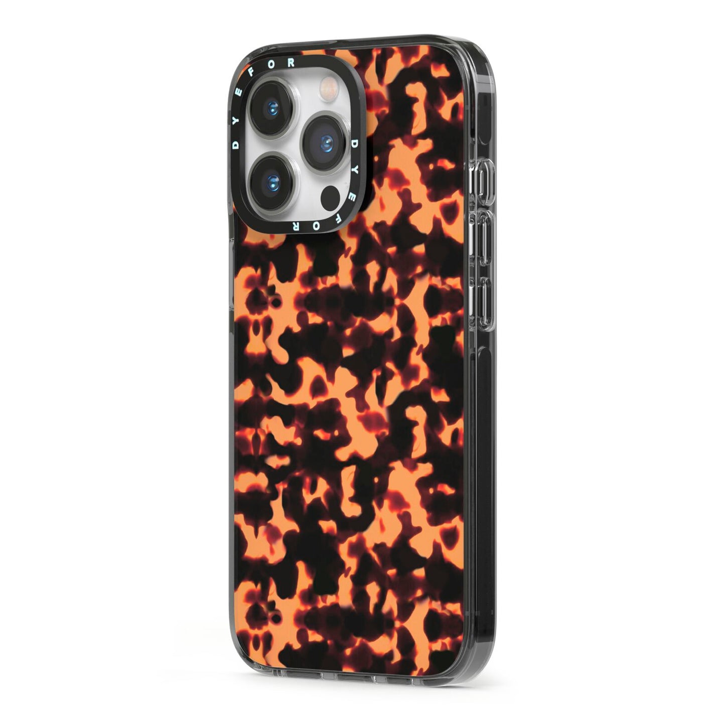 Tortoise Shell Pattern iPhone 13 Pro Black Impact Case Side Angle on Silver phone