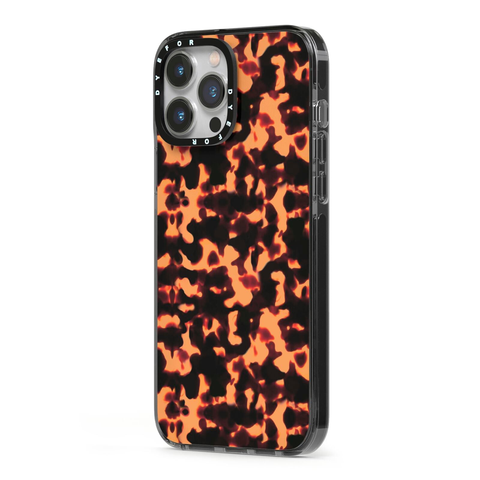 Tortoise Shell Pattern iPhone 13 Pro Max Black Impact Case Side Angle on Silver phone