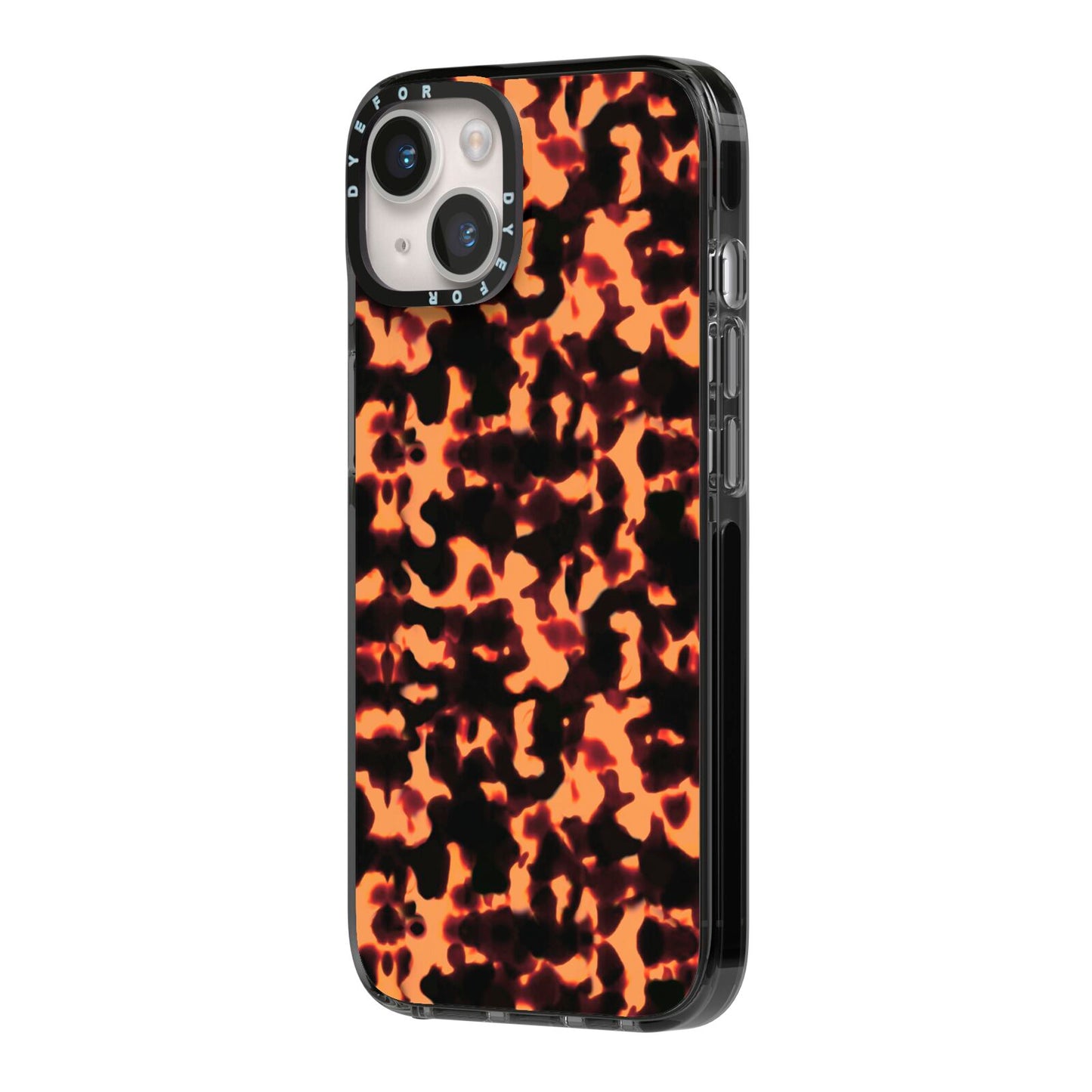 Tortoise Shell Pattern iPhone 14 Black Impact Case Side Angle on Silver phone