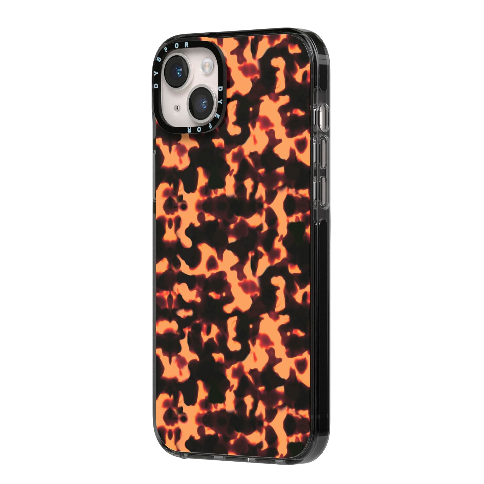 Tortoise Shell Pattern iPhone 14 Plus Black Impact Case Side Angle on Silver phone