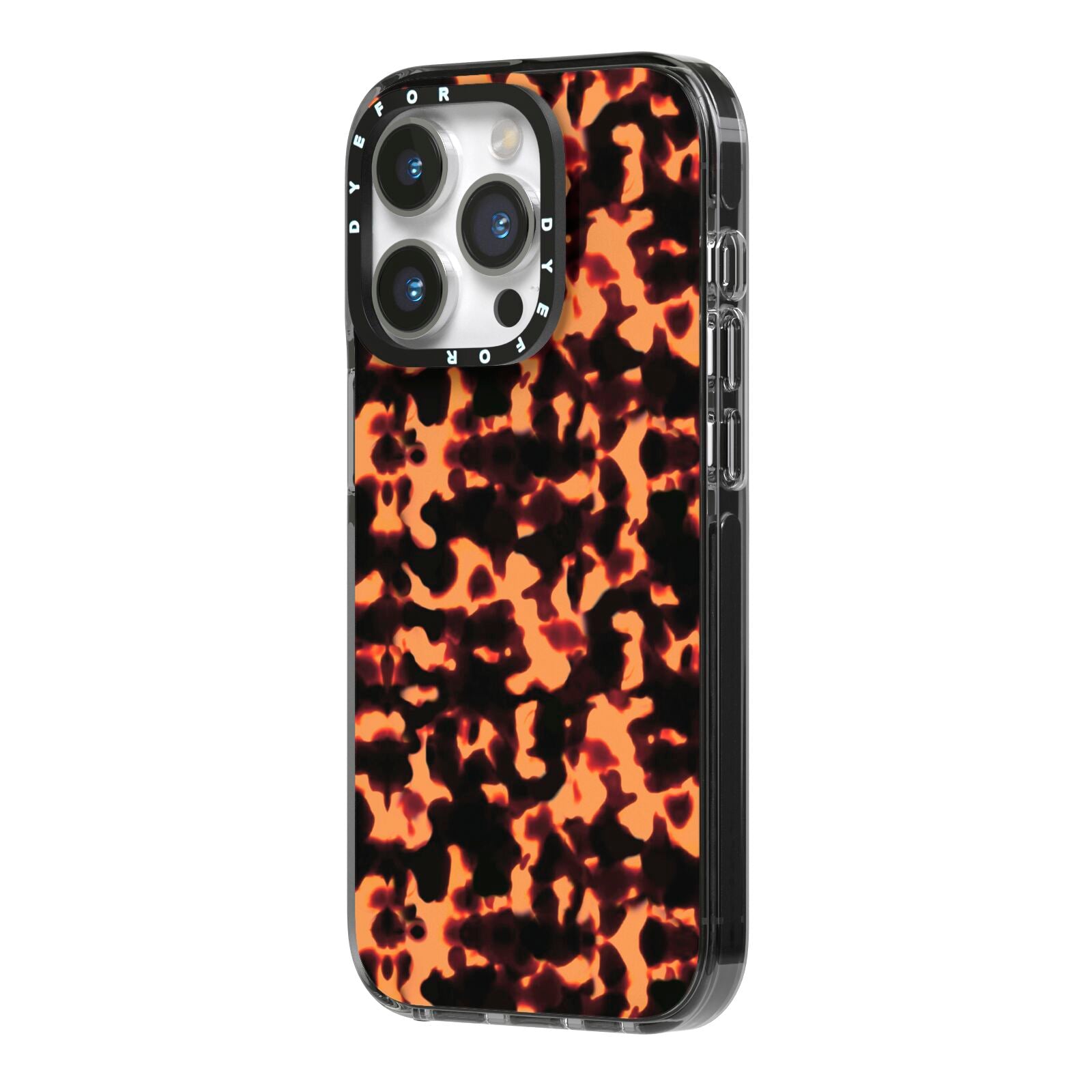 Tortoise Shell Pattern iPhone 14 Pro Black Impact Case Side Angle on Silver phone