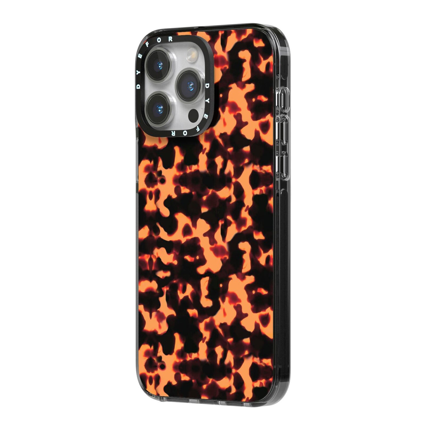 Tortoise Shell Pattern iPhone 14 Pro Max Black Impact Case Side Angle on Silver phone