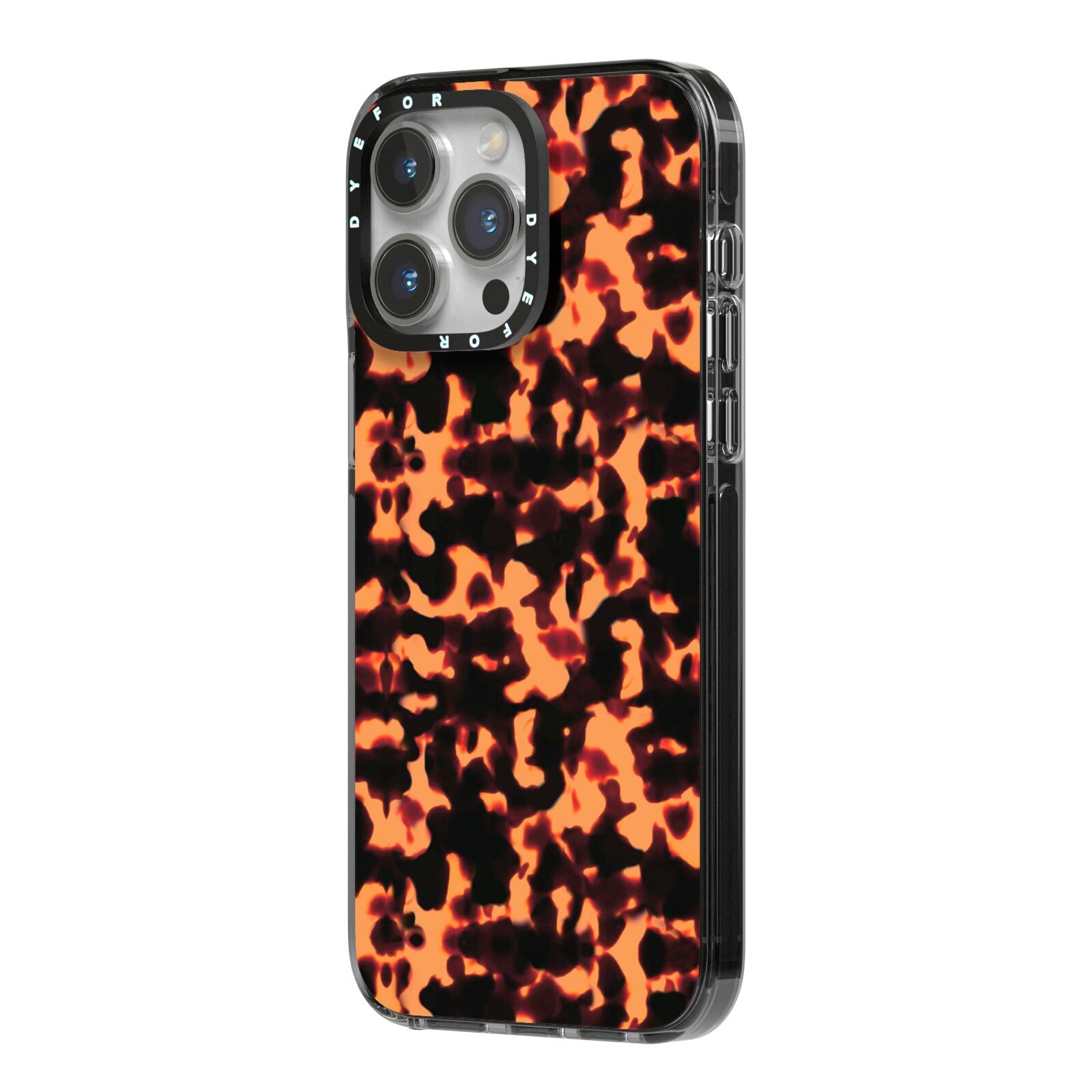 Tortoise Shell Pattern iPhone 14 Pro Max Black Impact Case Side Angle on Silver phone