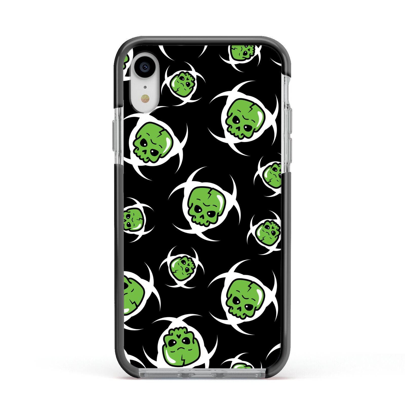Toxic Skulls Apple iPhone XR Impact Case Black Edge on Silver Phone