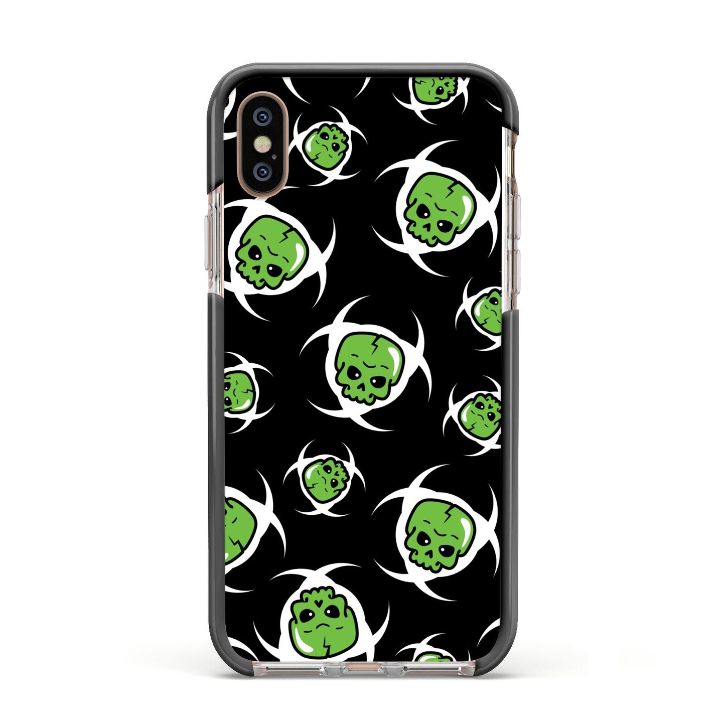 Toxic Skulls Apple iPhone Xs Impact Case Black Edge on Gold Phone