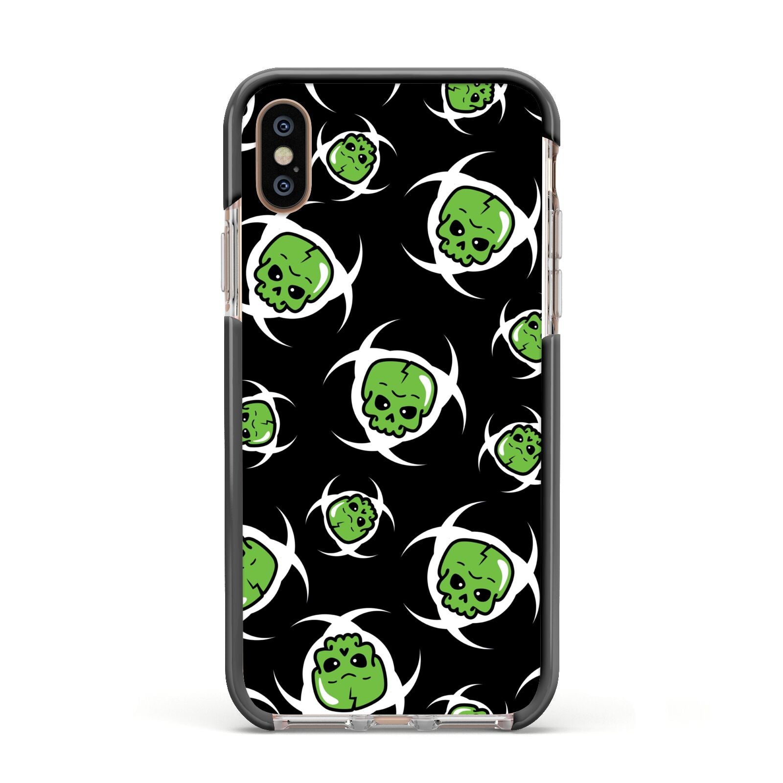 Toxic Skulls Apple iPhone Xs Impact Case Black Edge on Gold Phone