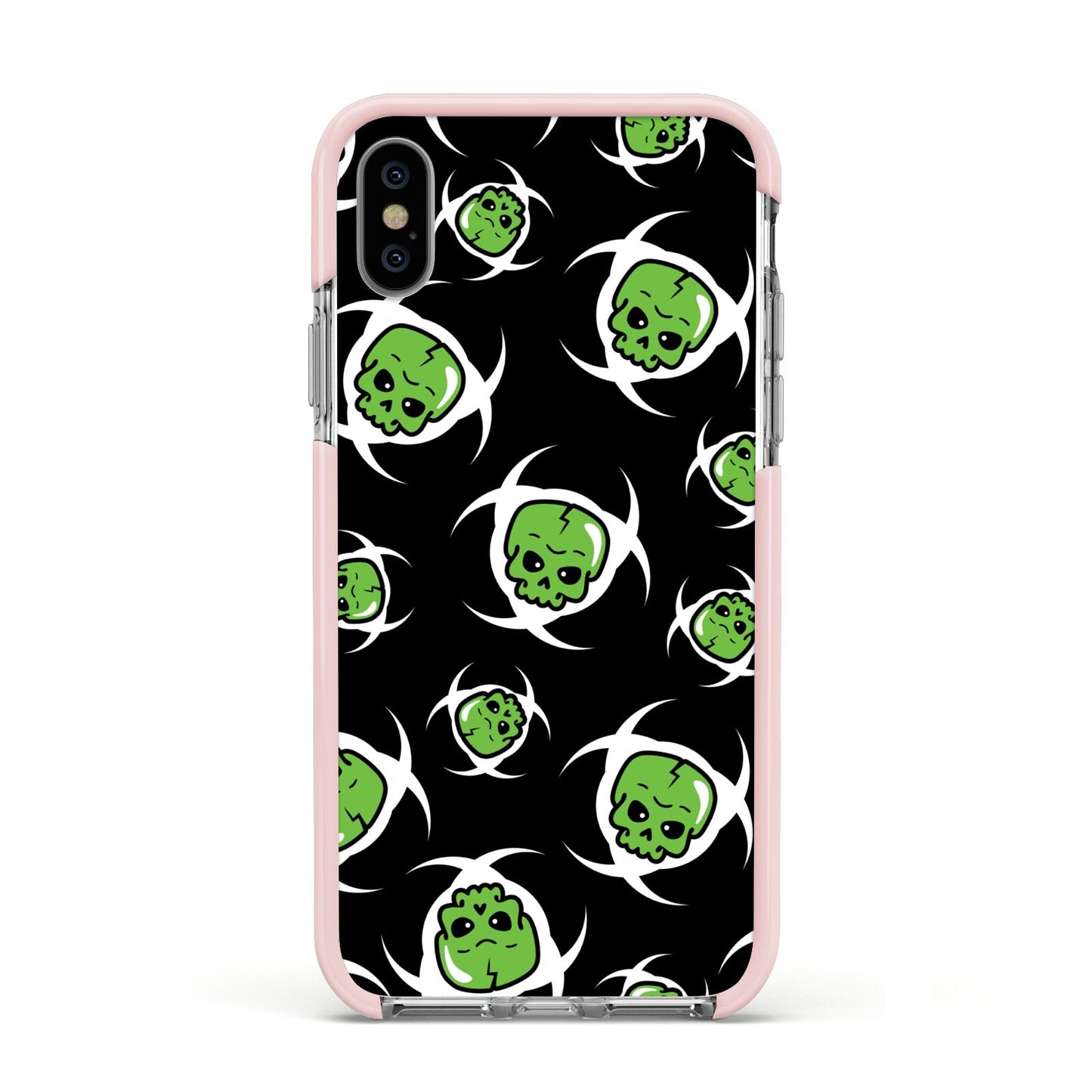 Toxic Skulls Apple iPhone Xs Impact Case Pink Edge on Silver Phone