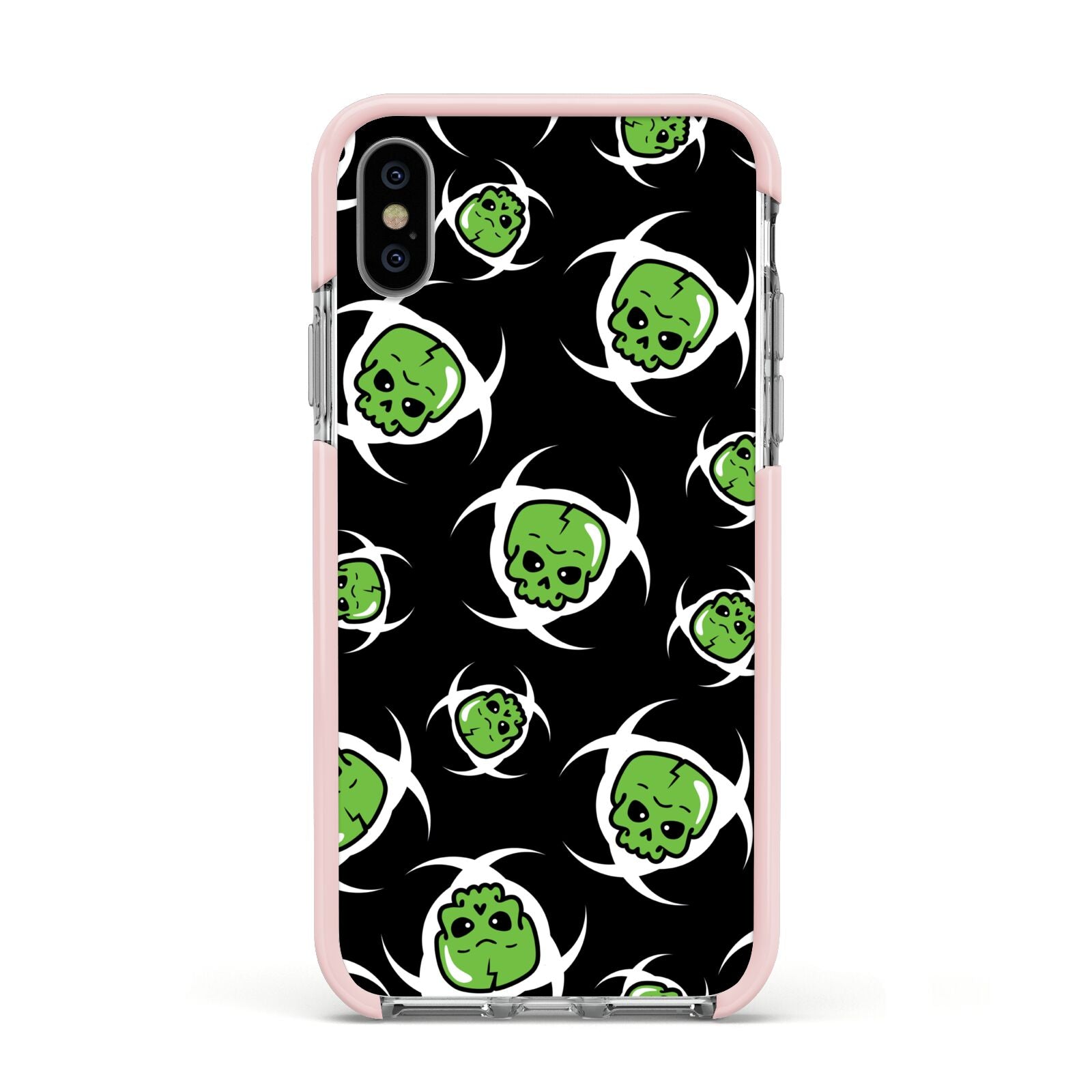 Toxic Skulls Apple iPhone Xs Impact Case Pink Edge on Silver Phone