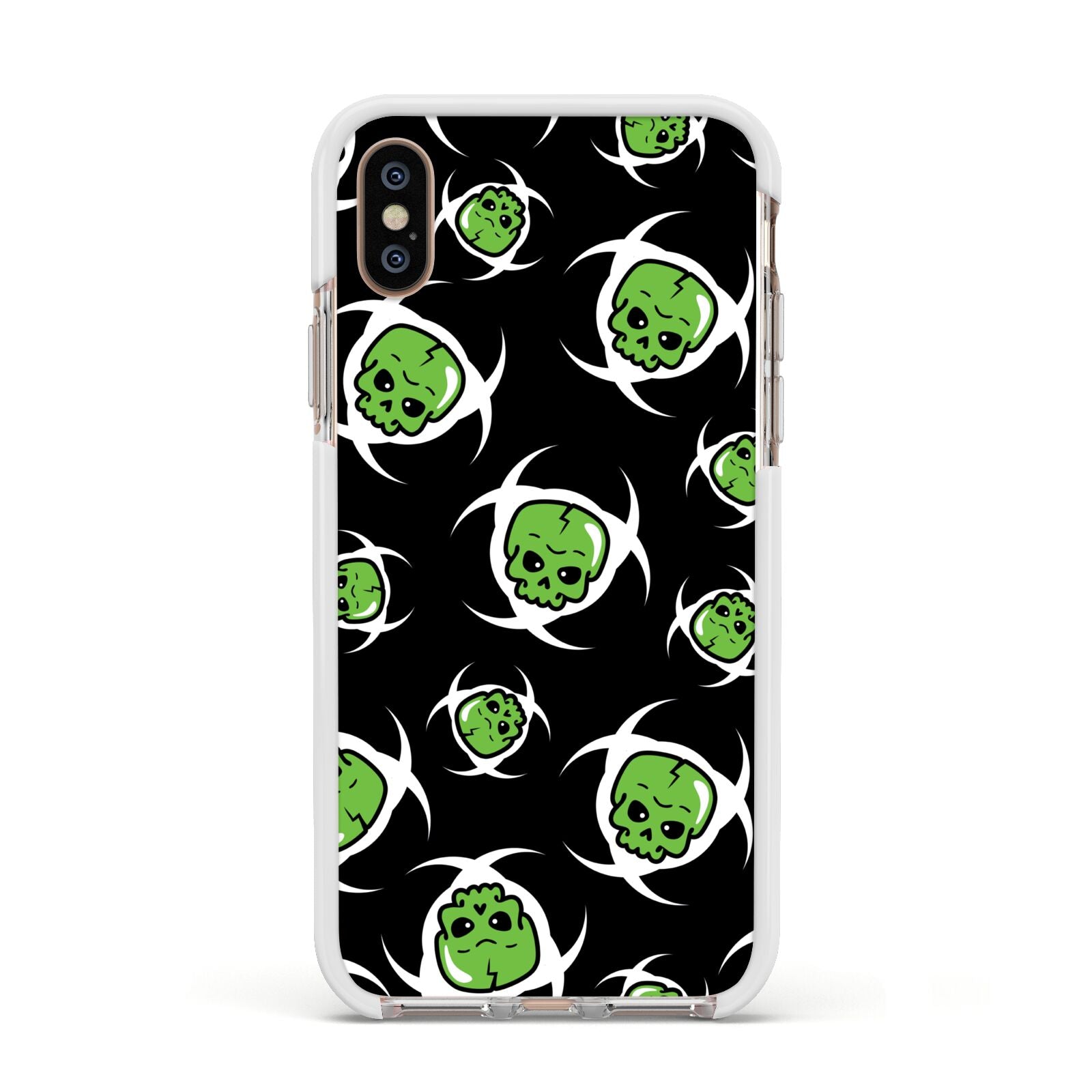 Toxic Skulls Apple iPhone Xs Impact Case White Edge on Gold Phone