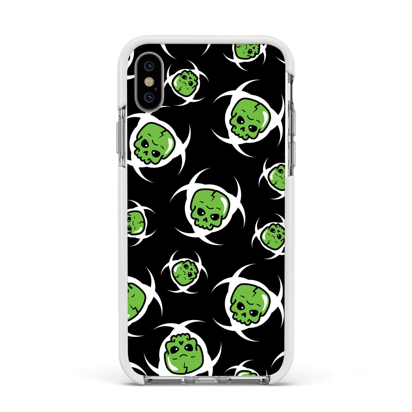 Toxic Skulls Apple iPhone Xs Impact Case White Edge on Silver Phone