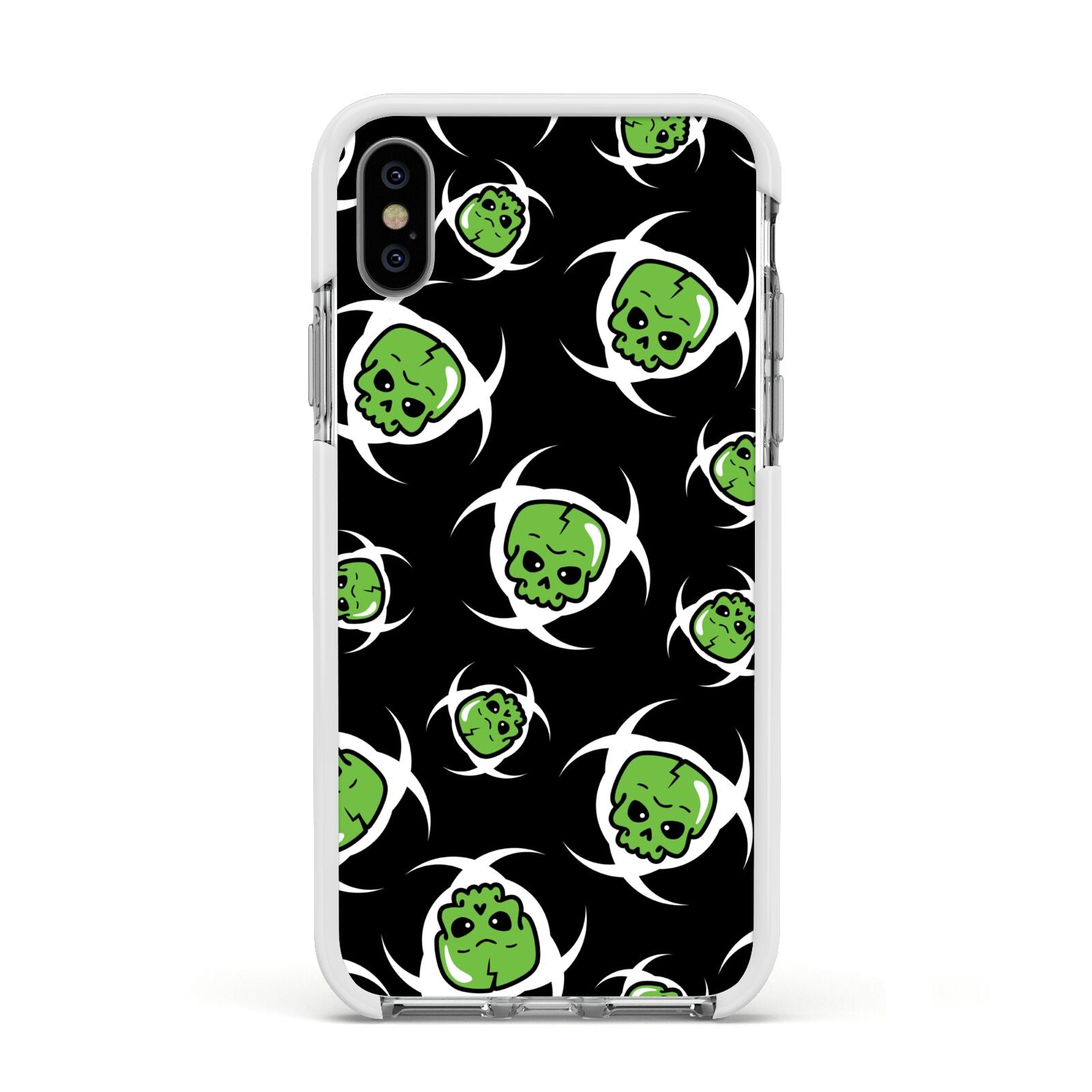 Toxic Skulls Apple iPhone Xs Impact Case White Edge on Silver Phone