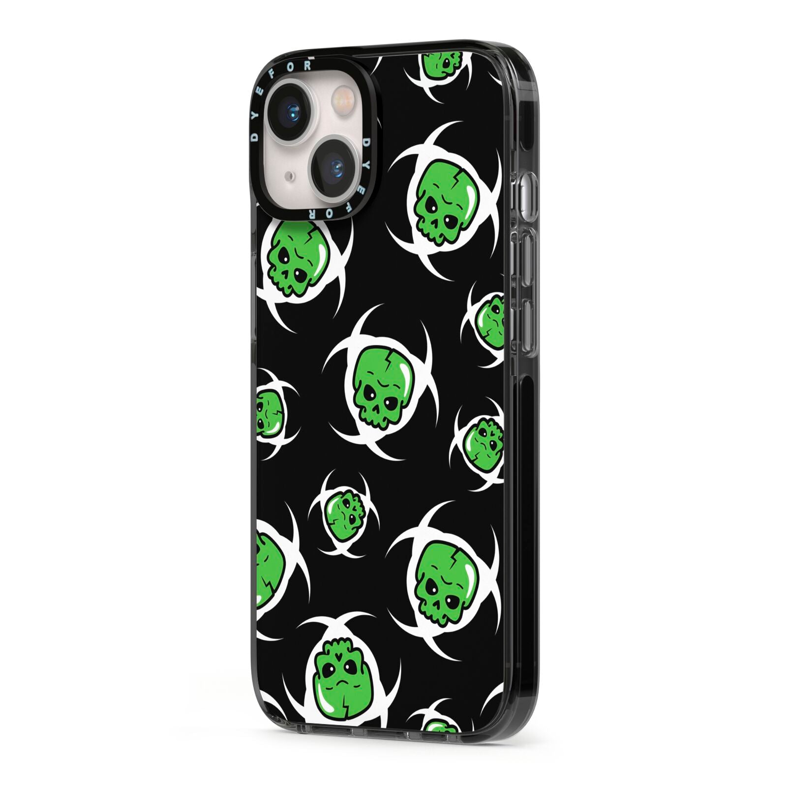 Toxic Skulls iPhone 13 Black Impact Case Side Angle on Silver phone