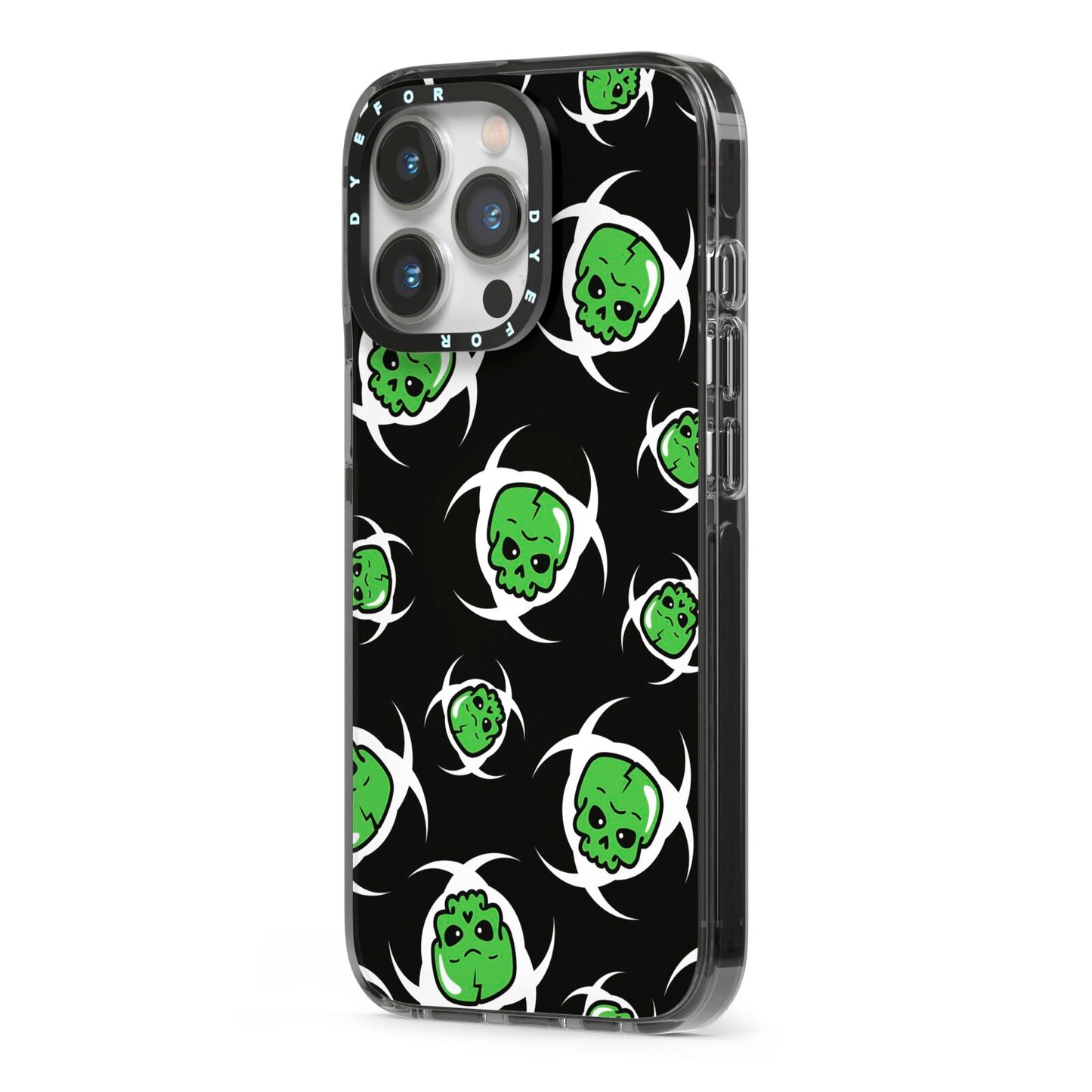 Toxic Skulls iPhone 13 Pro Black Impact Case Side Angle on Silver phone