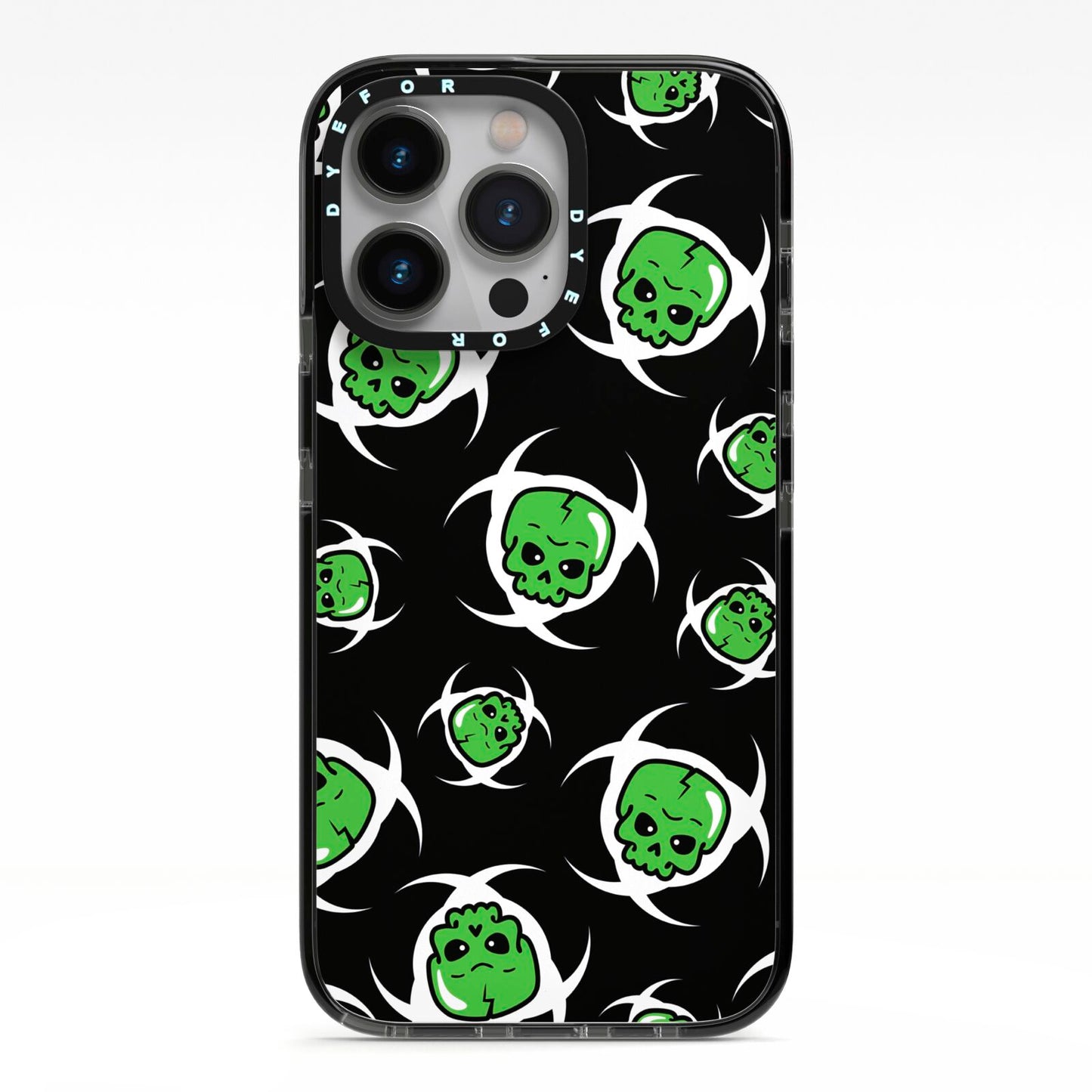 Toxic Skulls iPhone 13 Pro Black Impact Case on Silver phone