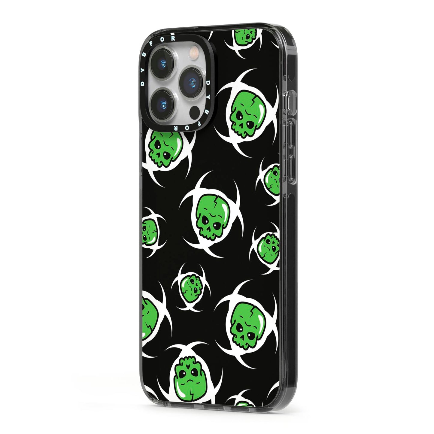 Toxic Skulls iPhone 13 Pro Max Black Impact Case Side Angle on Silver phone