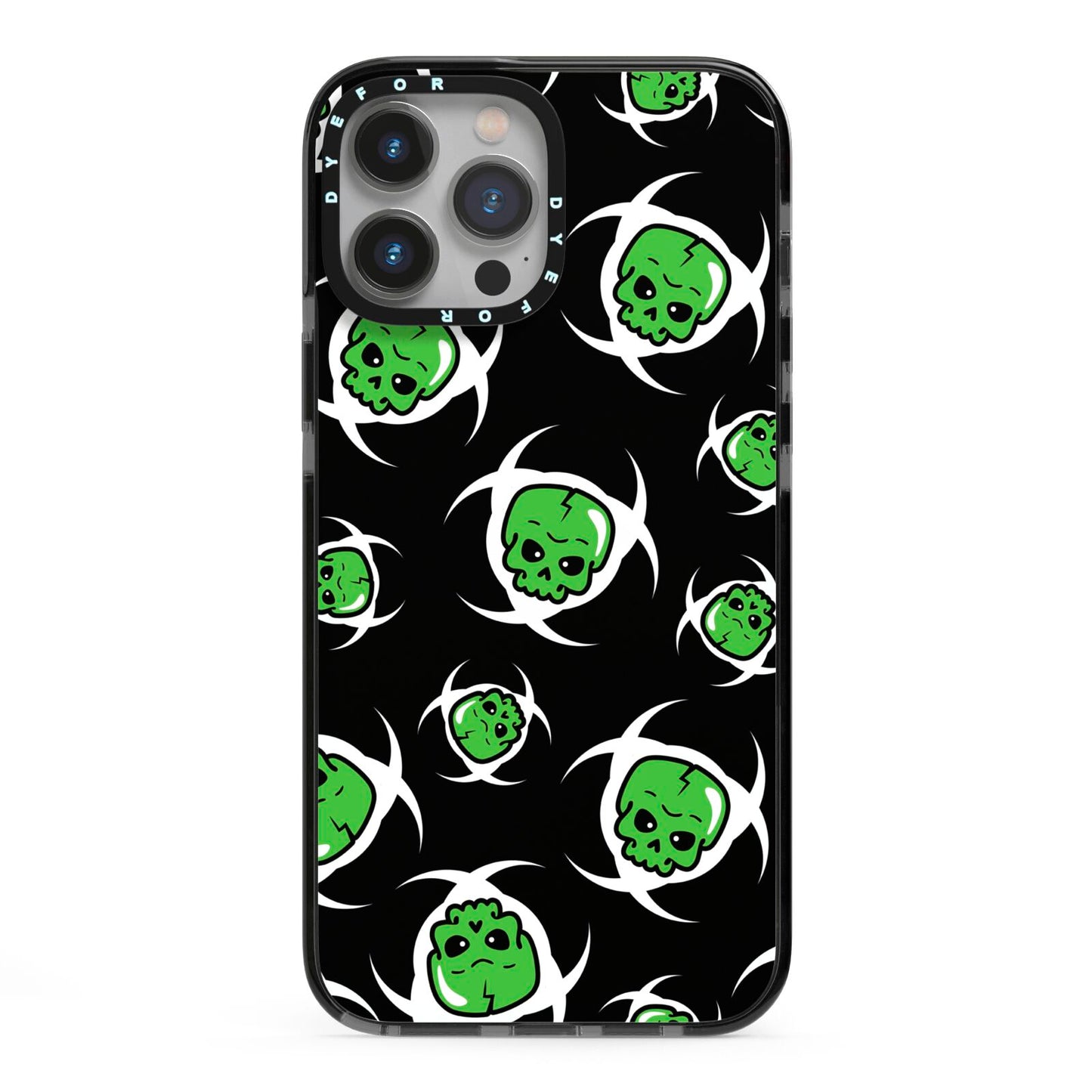 Toxic Skulls iPhone 13 Pro Max Black Impact Case on Silver phone