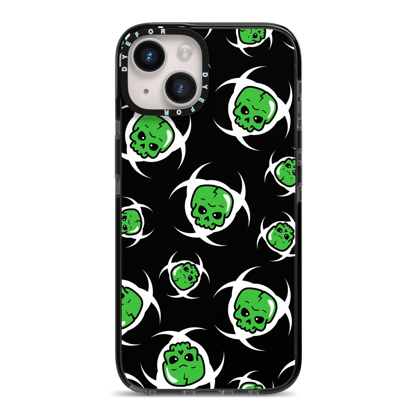 Toxic Skulls iPhone 14 Black Impact Case on Silver phone