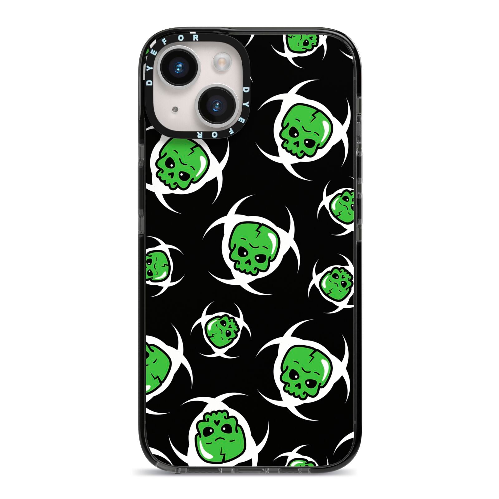 Toxic Skulls iPhone 14 Black Impact Case on Silver phone