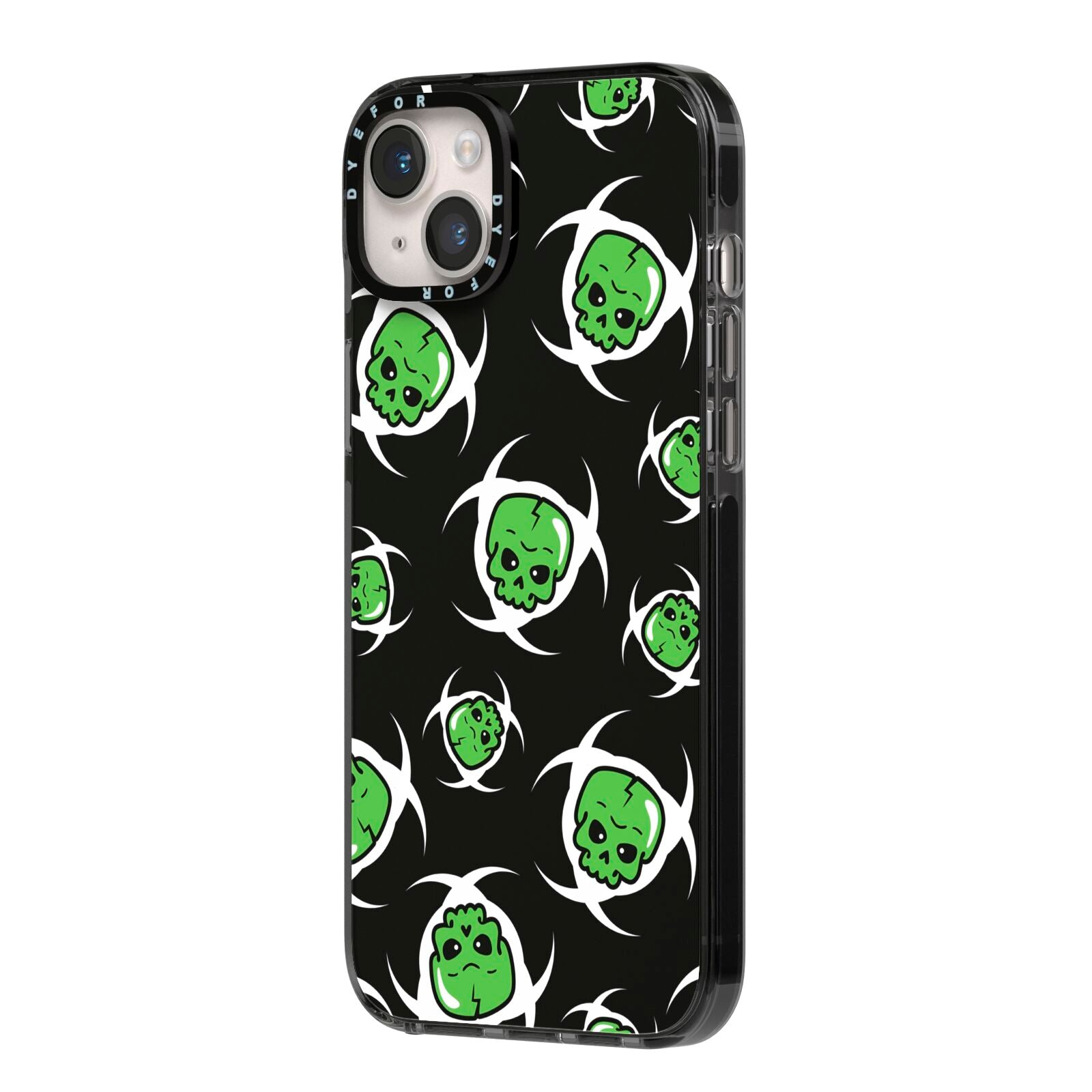 Toxic Skulls iPhone 14 Plus Black Impact Case Side Angle on Silver phone