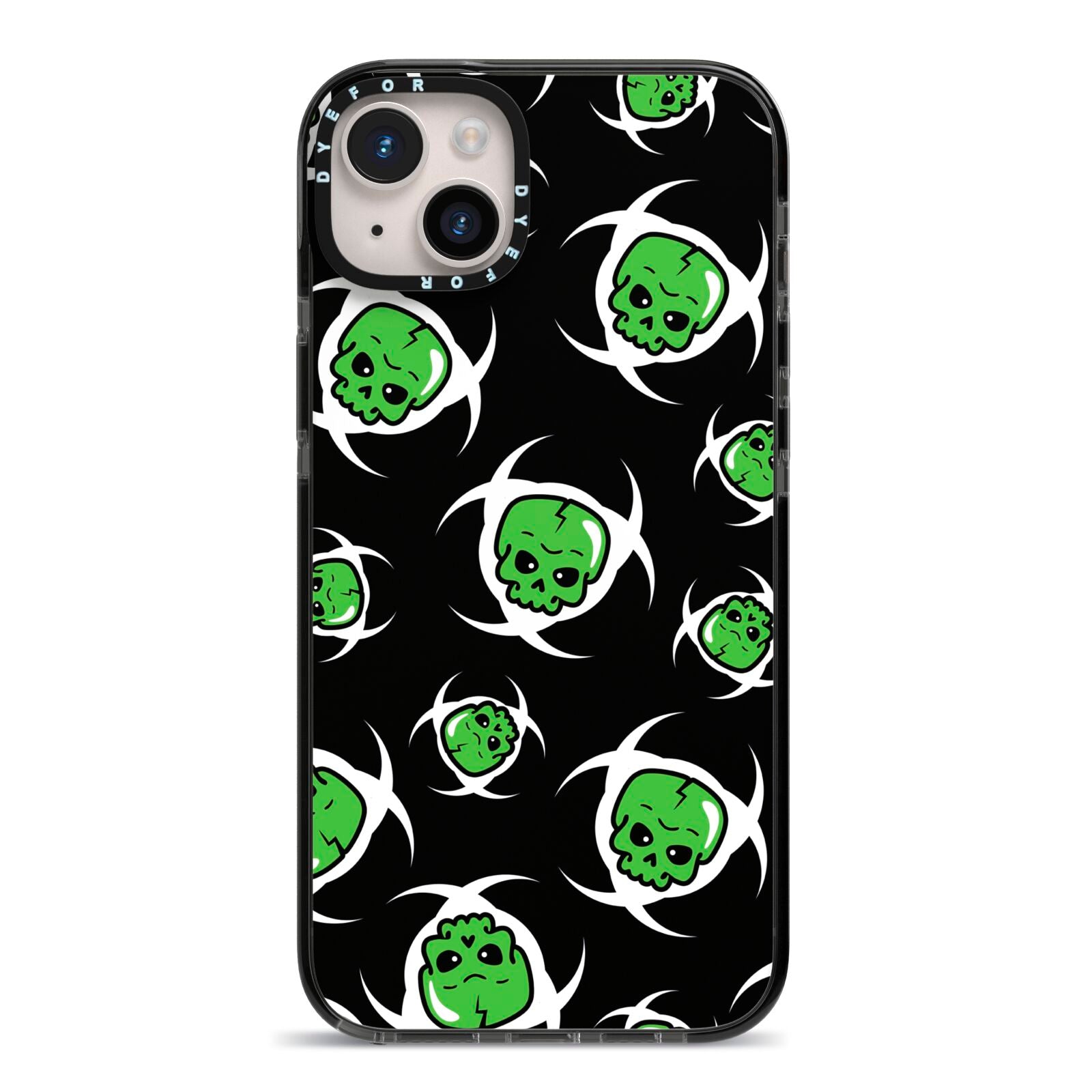 Toxic Skulls iPhone 14 Plus Black Impact Case on Silver phone