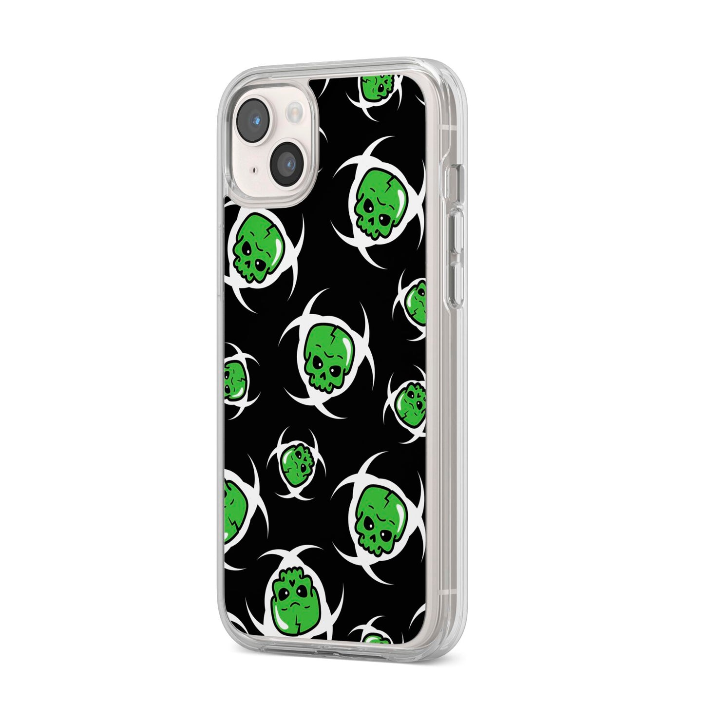 Toxic Skulls iPhone 14 Plus Clear Tough Case Starlight Angled Image