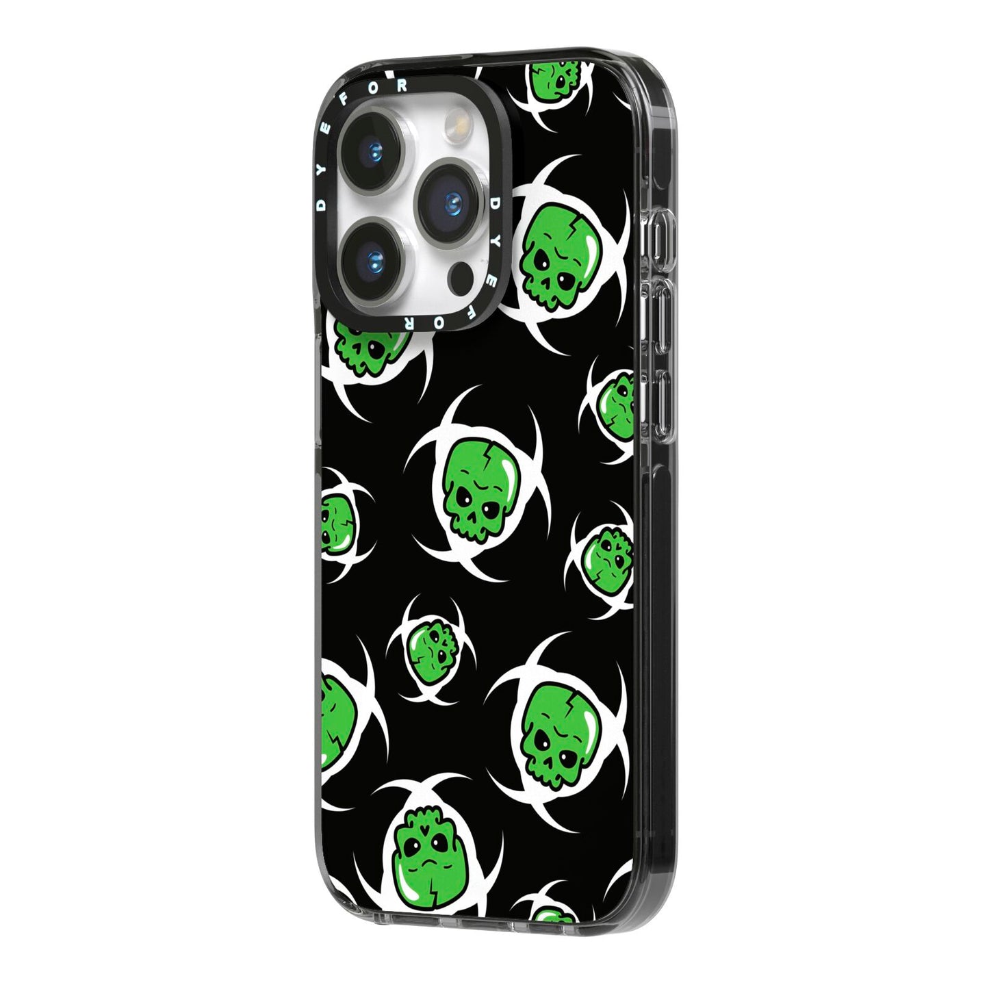 Toxic Skulls iPhone 14 Pro Black Impact Case Side Angle on Silver phone