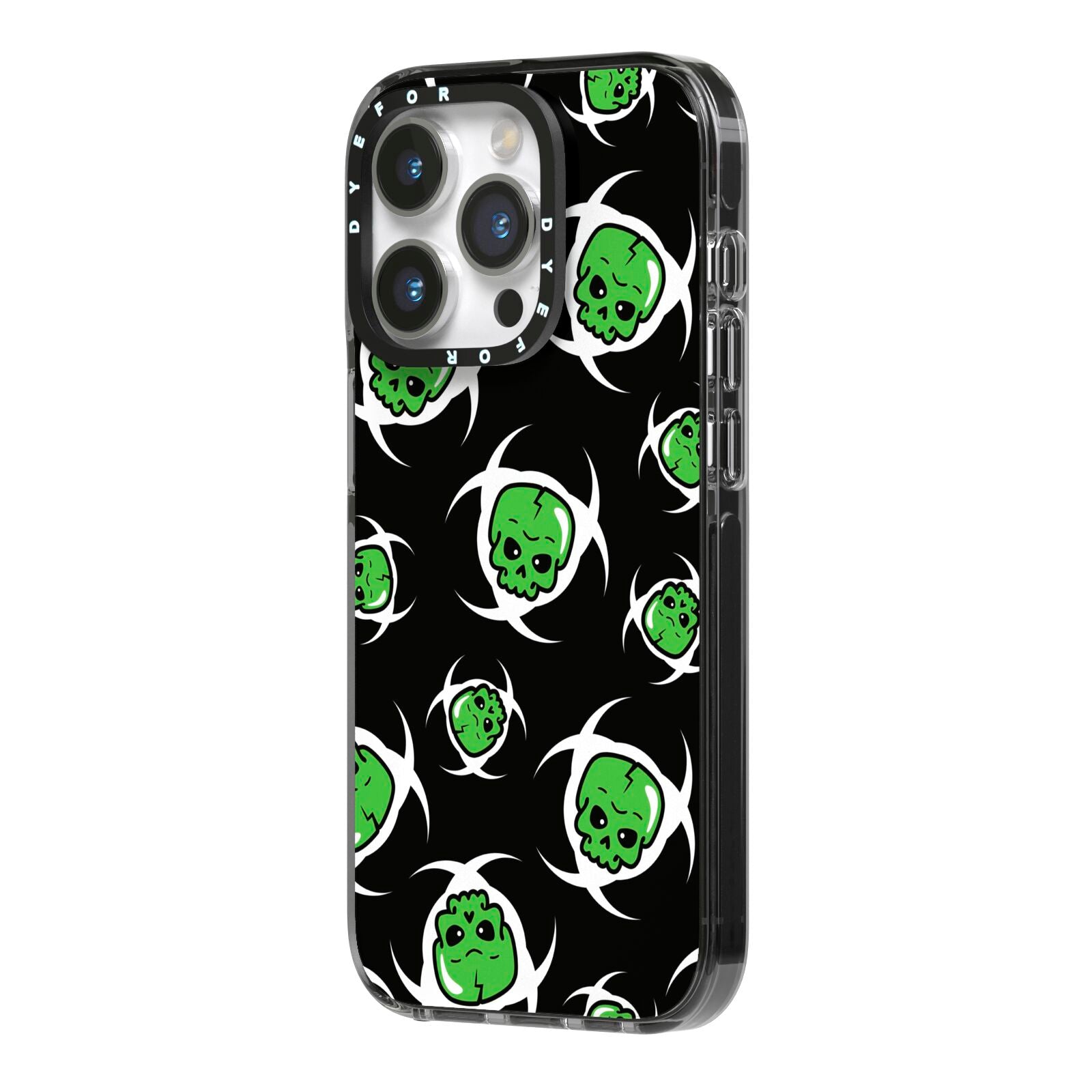 Toxic Skulls iPhone 14 Pro Black Impact Case Side Angle on Silver phone