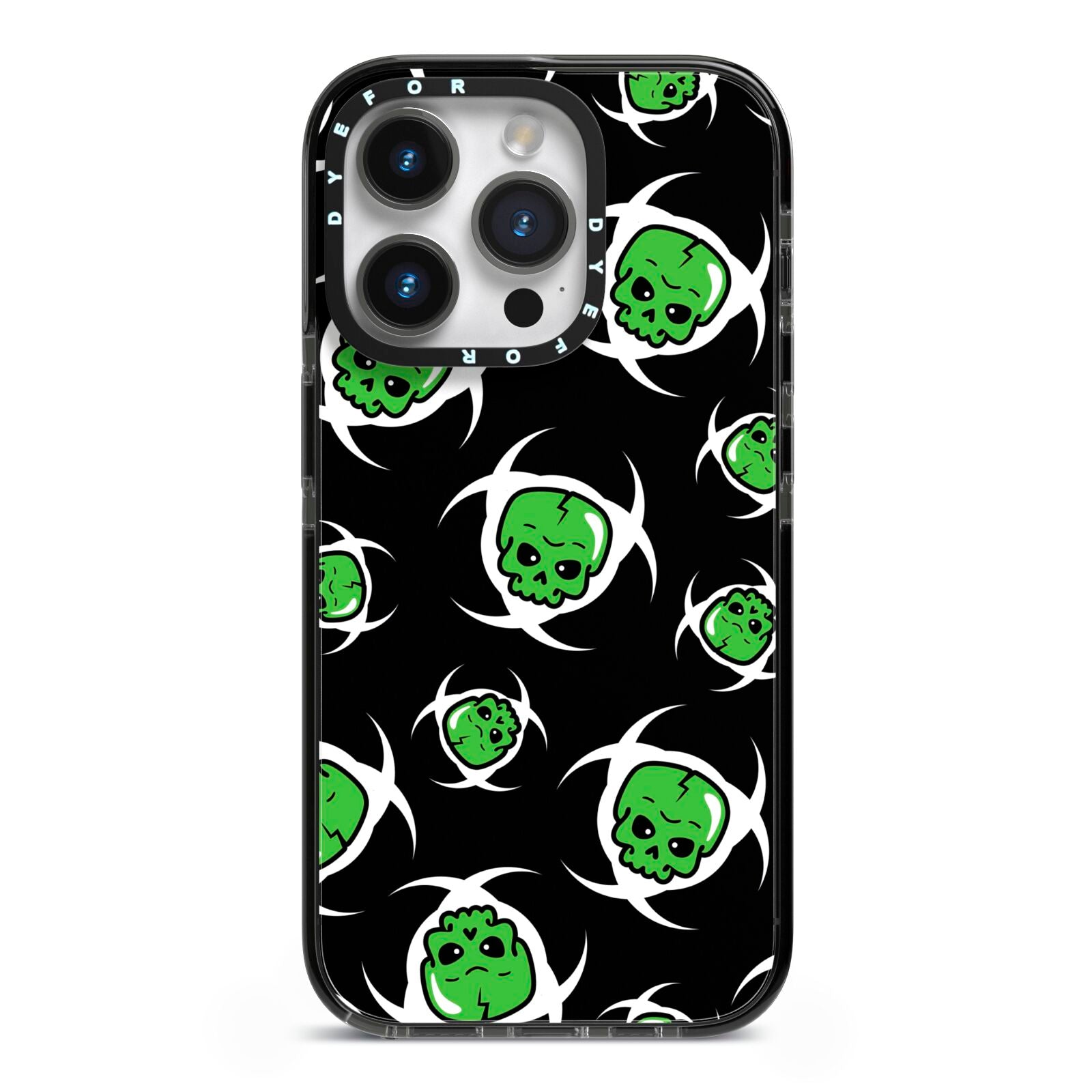 Toxic Skulls iPhone 14 Pro Black Impact Case on Silver phone