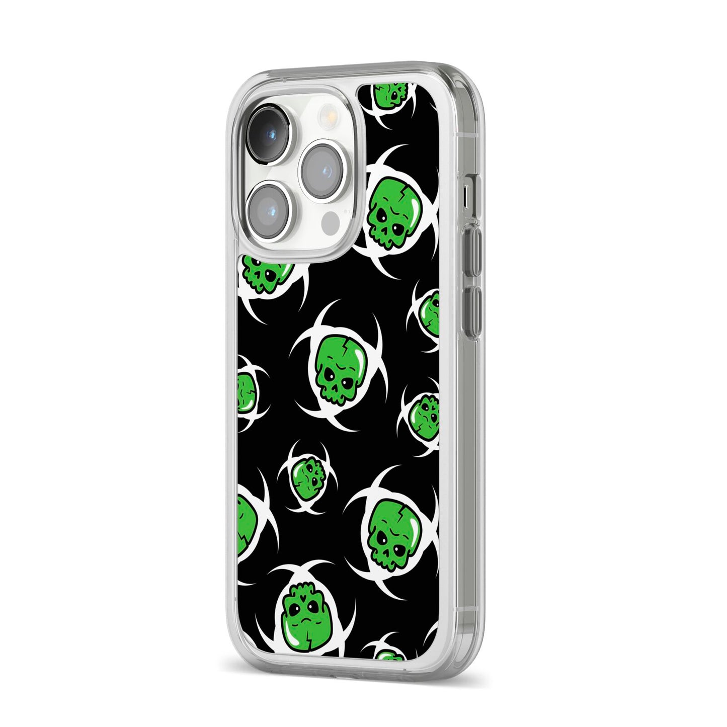 Toxic Skulls iPhone 14 Pro Clear Tough Case Silver Angled Image