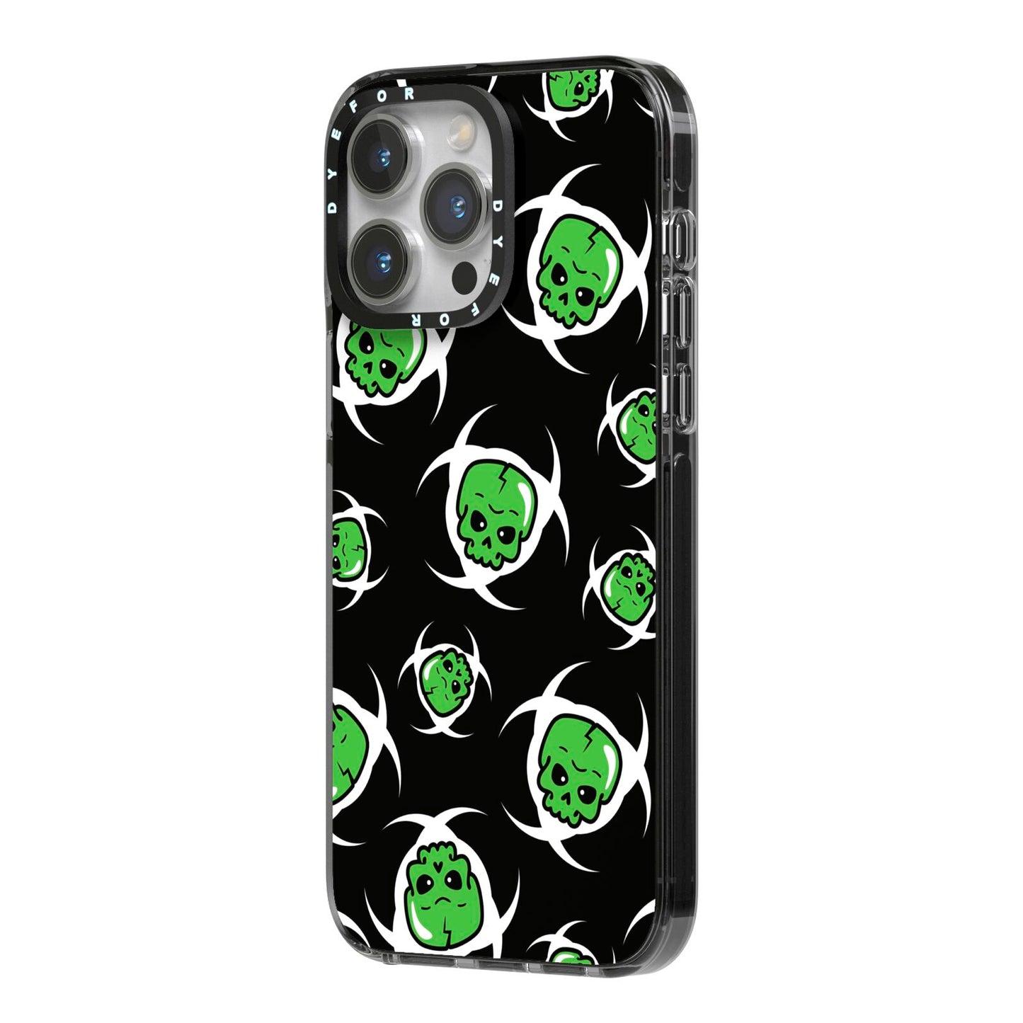 Toxic Skulls iPhone 14 Pro Max Black Impact Case Side Angle on Silver phone