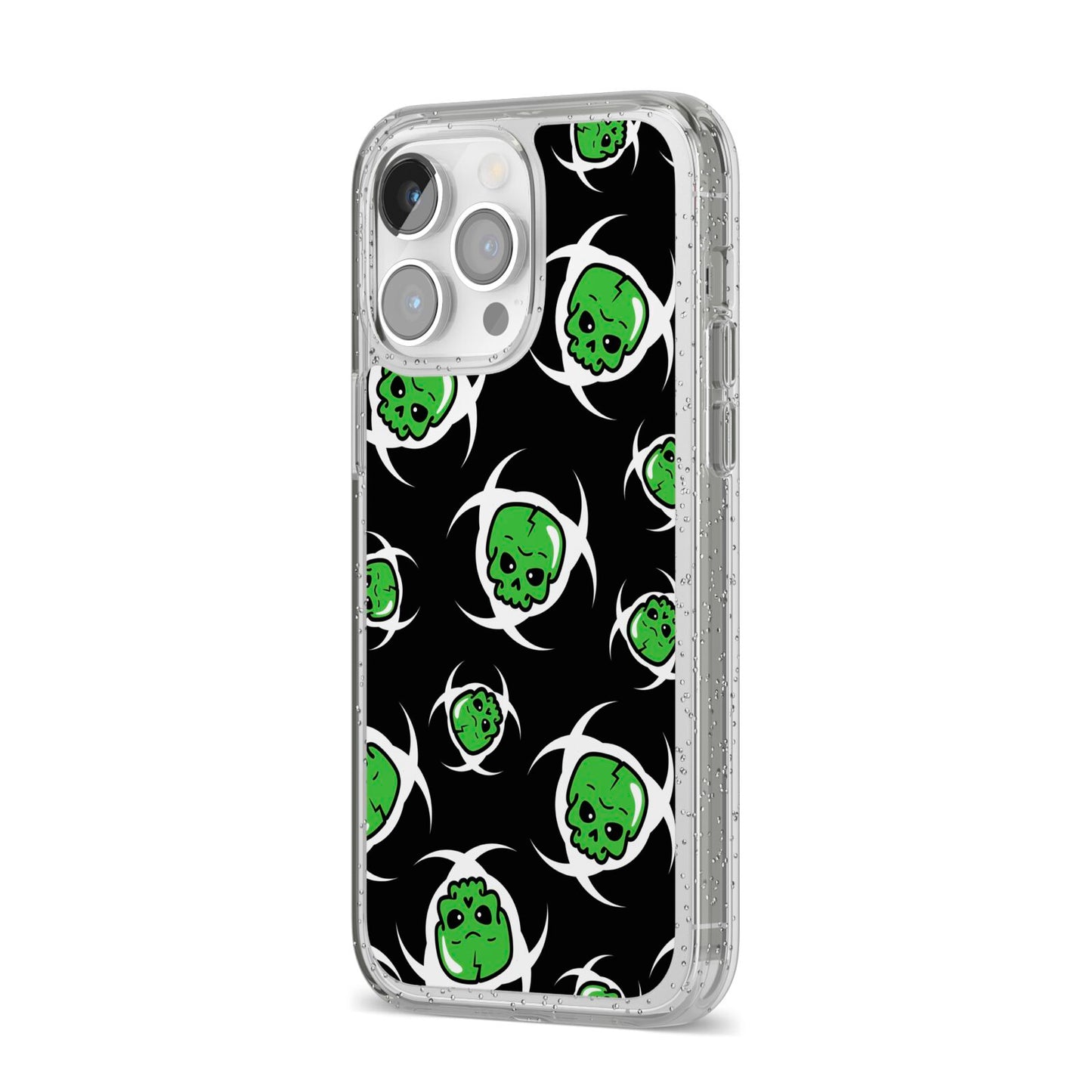 Toxic Skulls iPhone 14 Pro Max Glitter Tough Case Silver Angled Image