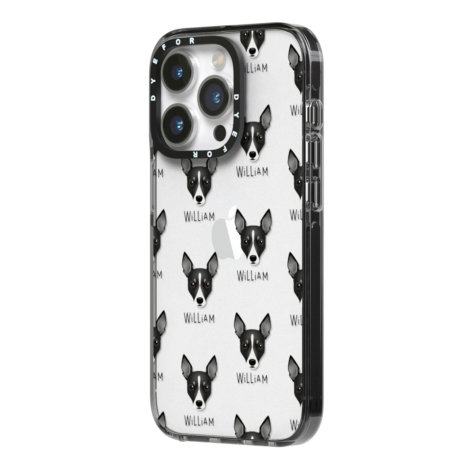 Toy Fox Terrier Icon with Name iPhone 14 Pro Black Impact Case Side Angle on Silver phone